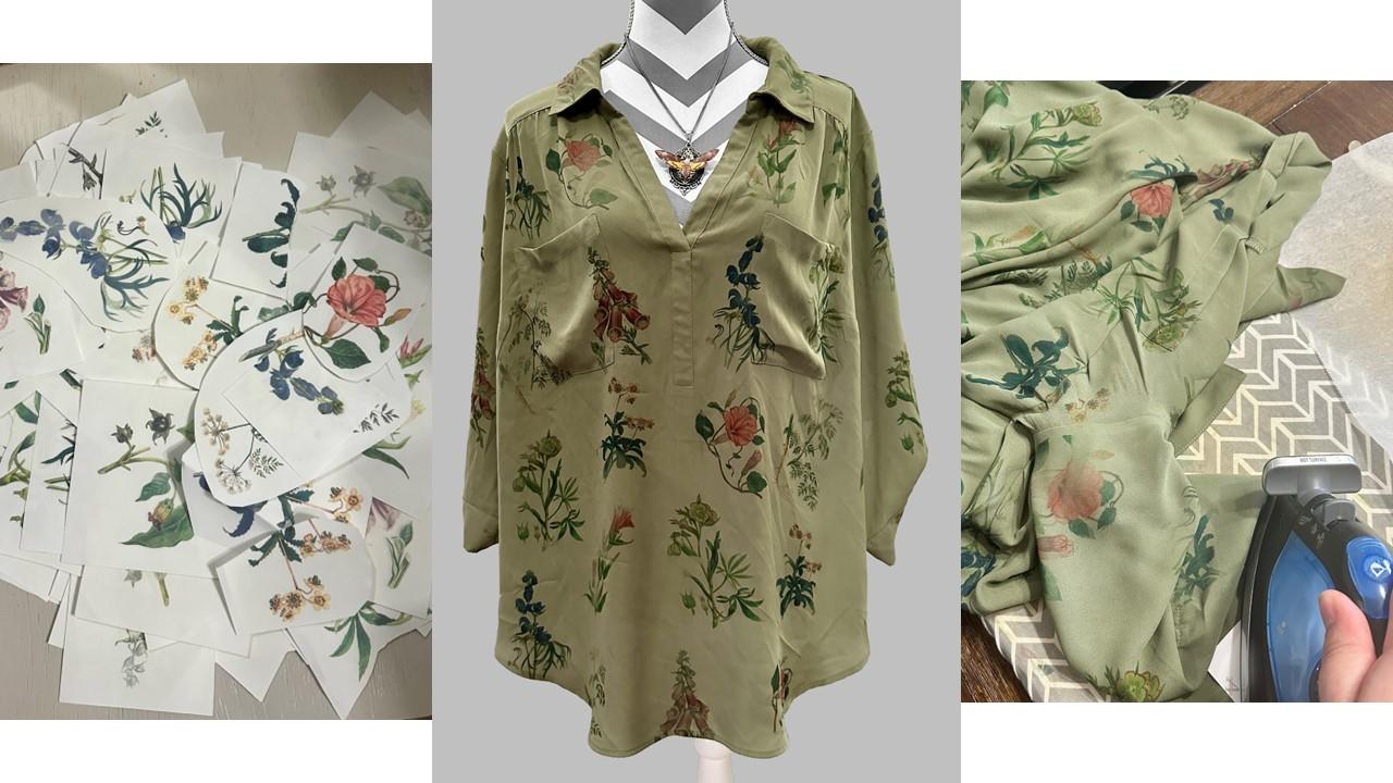 / Vintage poisonous flower illustrations sublimated onto a green blouse. 