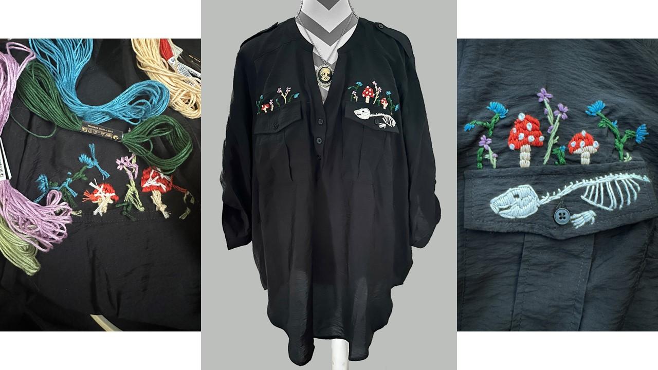  / Life and death symbolism embroidered onto a black blouse. 