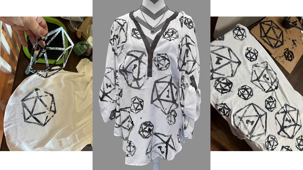  / Cardboard stamps of grungy D20 dice applied with acrylic paint onto a white blouse. 