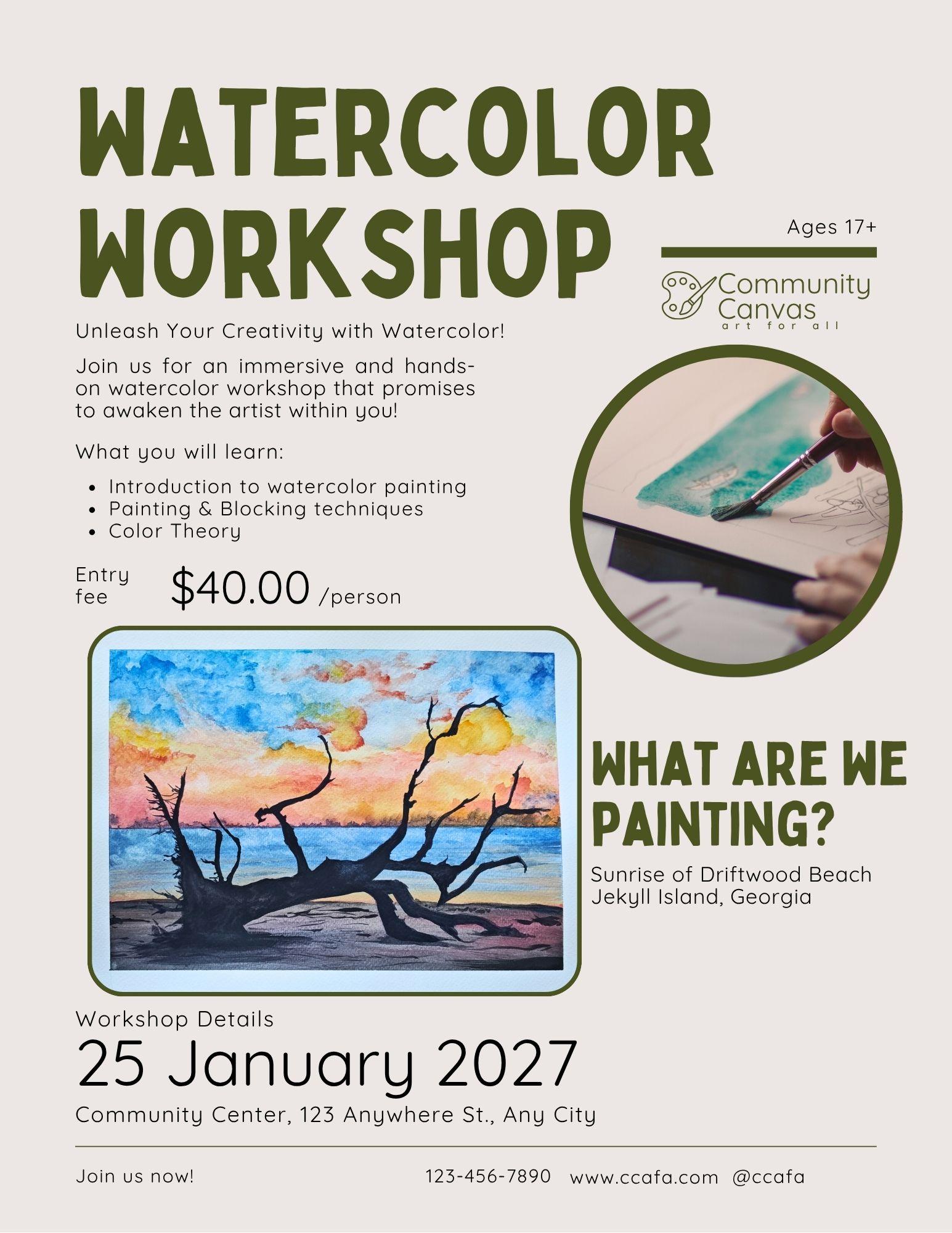 / Workshop flyer focusing on watercolor techniques to create a beautiful landscape inspired by Driftwood Beach on Jekyll Island, Georgia. 