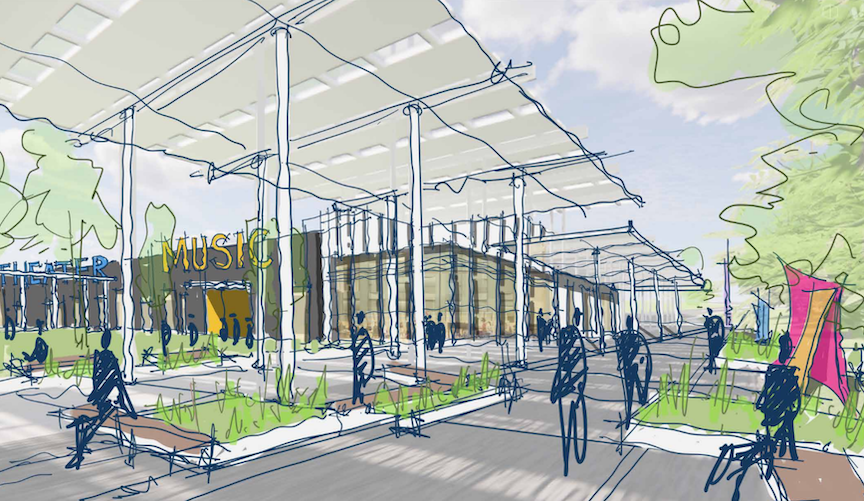 Arts District Performance Pavilion / A colorful rendering of the performance pavilion, designed to host concerts, theatre productions, and cultural events.