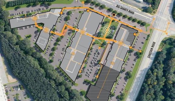 Arts District Site Layout / An aerial rendering of the planned Arts District at KSU, illustrating the integration of artistic spaces within the campus landscape.