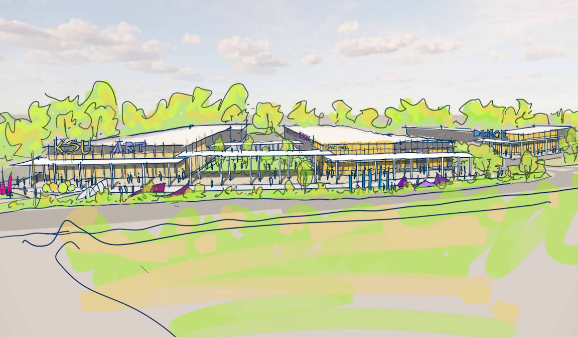 Arts District Courtyard Concept / A conceptual sketch of the outdoor gathering area designed for performances, student interaction, and community engagement.