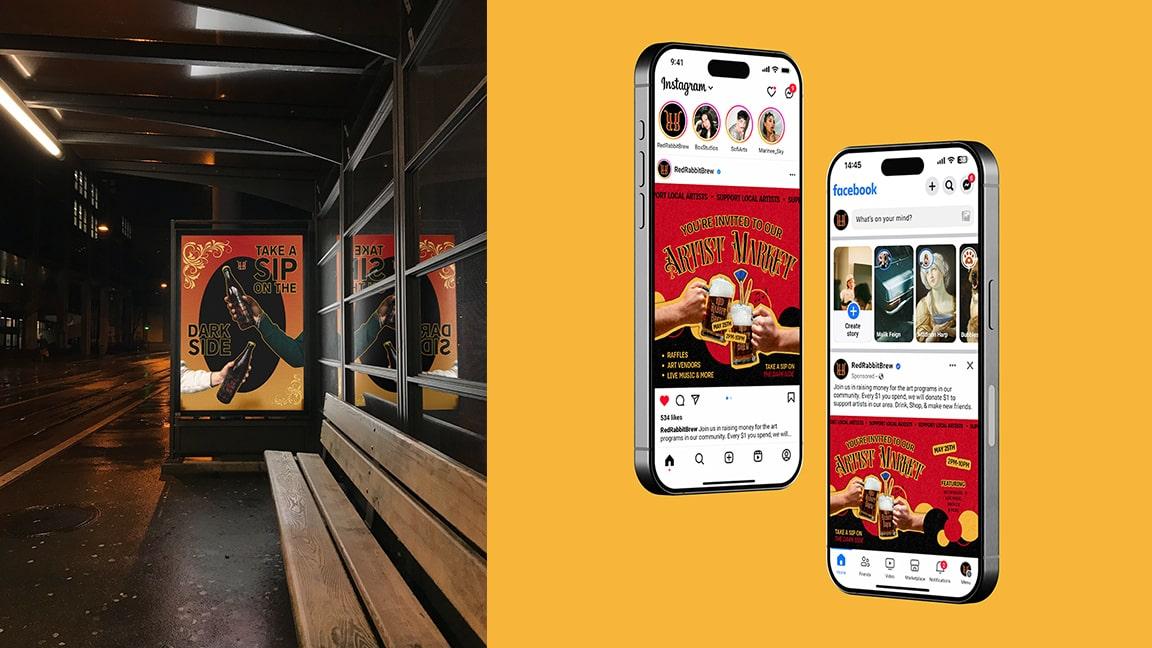  / "Red Rabbit Brew," branding and packaging design, 2025, Bus shelter poster and social media advertisements for a city-based brewing company 