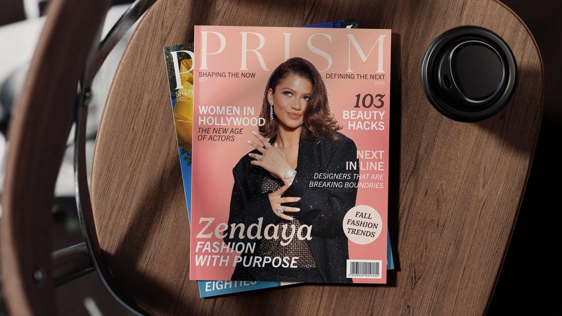  / "PRISM Magazine," magazine cover, 2024, A publication design highlighting women in pop culture featuring Zendaya 