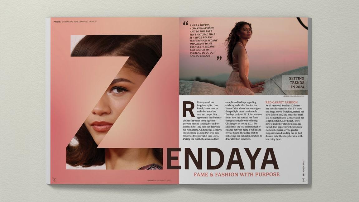  / "PRISM Magazine," magazine spread, 2024, A publication design highlighting women in pop culture featuring Zendaya 