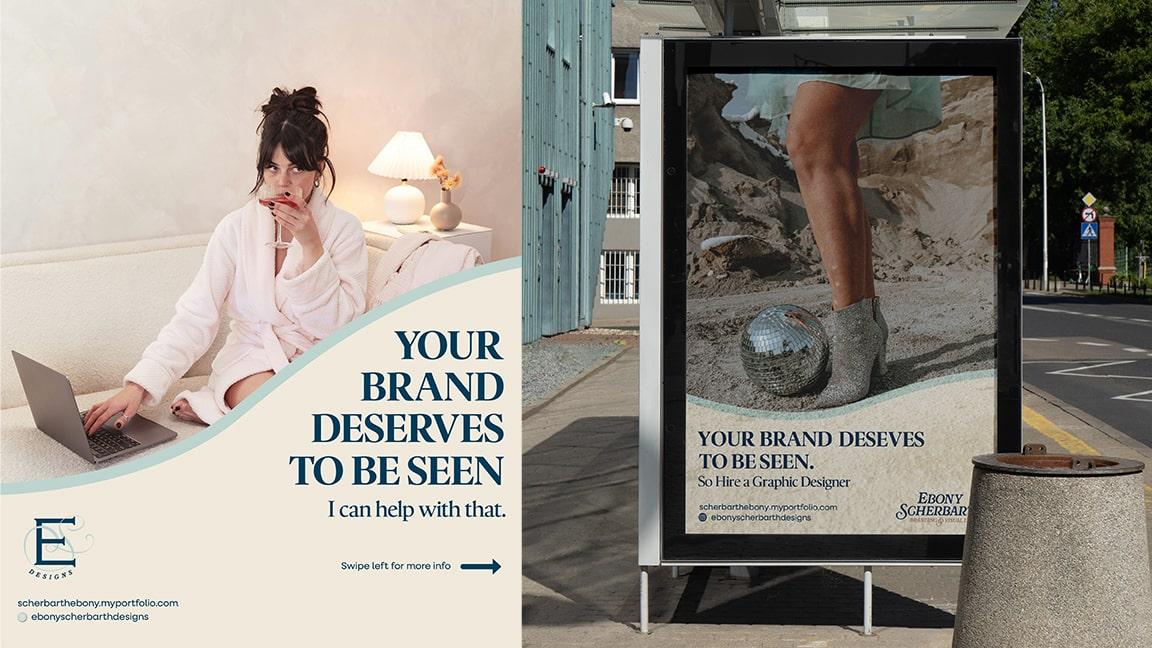  / "Ebony Scherbarth," Instagram ad and bus shelter ad, 2025, A personal branding project 