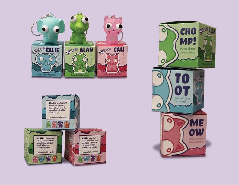  / Sqeez-ems is a brand I created in my Advertising and Packaging class. For my overall branding, I wanted to create something fun and enticing for kids and teens. Even though each box is identical, they exhibit different characters and personalities that come with each toy.  