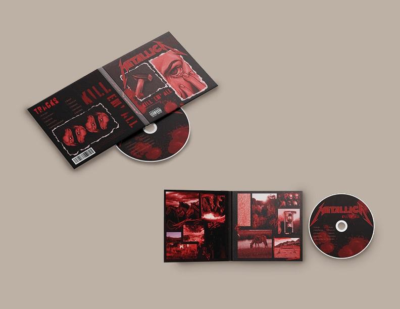  / I chose to redesign Metallica's Kill Em' All album and I decided to create a theme based on their song The Four Horsemen. I put the most work into the front and back covers by creating my own illustrations, but for the interior spread, I decided to collage real images to add contrast.  