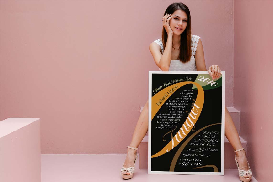  / "Tangier," Type specimen Poster, 17 x 11 inches print poster, 2024. This design displays the Typeface of Tangier with all of the characters and style within the font family. 