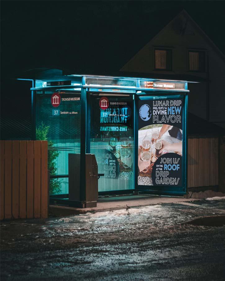  / "Lunar Drip: Tears of the Goddess," Brand Identity and beer ad, 70 x 48 inches print bus stop poster ad, 2024. This ad promotes the new beer garden and lounge for the Lunar Drip brewing company. 