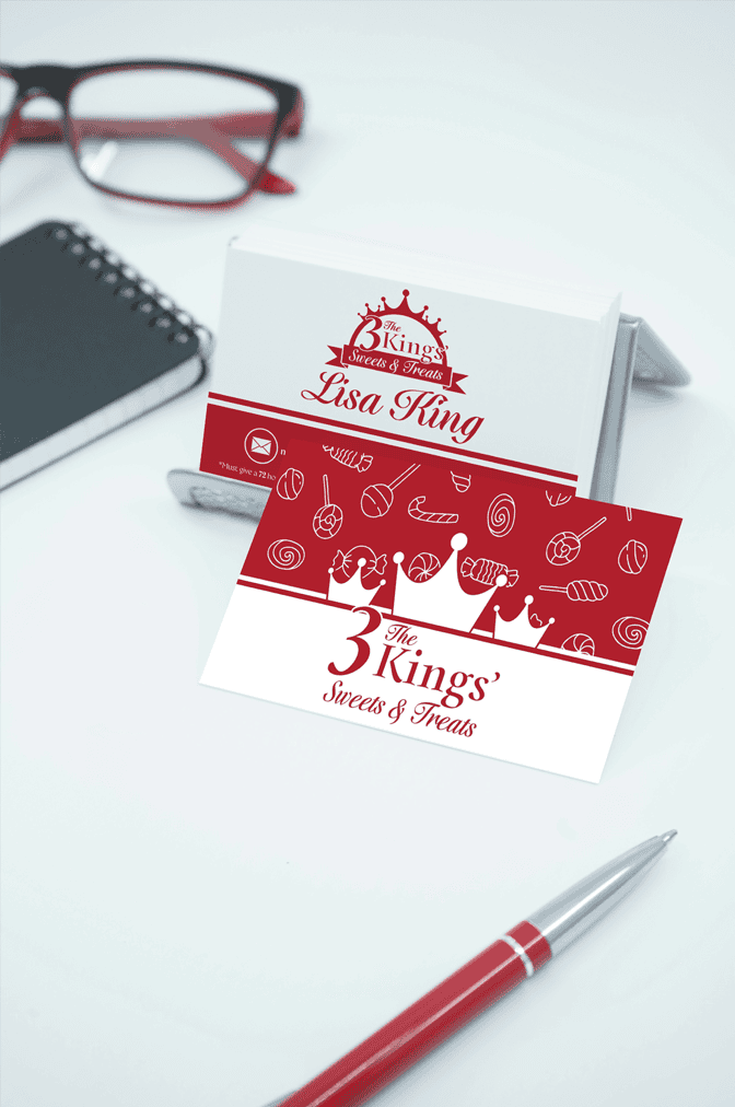  / "The 3 Kings' Sweets & Treats," Logo and business card design, 3 x 2 inches print business cards, 2025. This design features two logo designs and brand identity for a candy maker. 