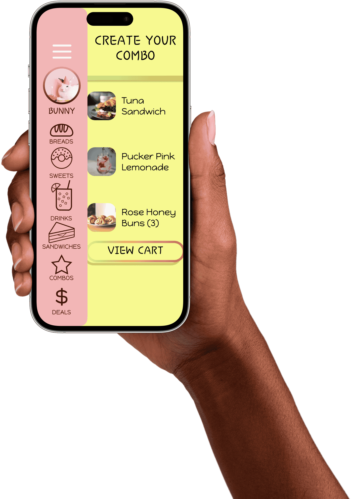 / "Honey Bun Bakery," Mobile App Design, 6 x 2.5 inches digital mobile screen, 2024. This design provides the consumer an easy UI/UX design to view the menu and order products from their mobile device. 