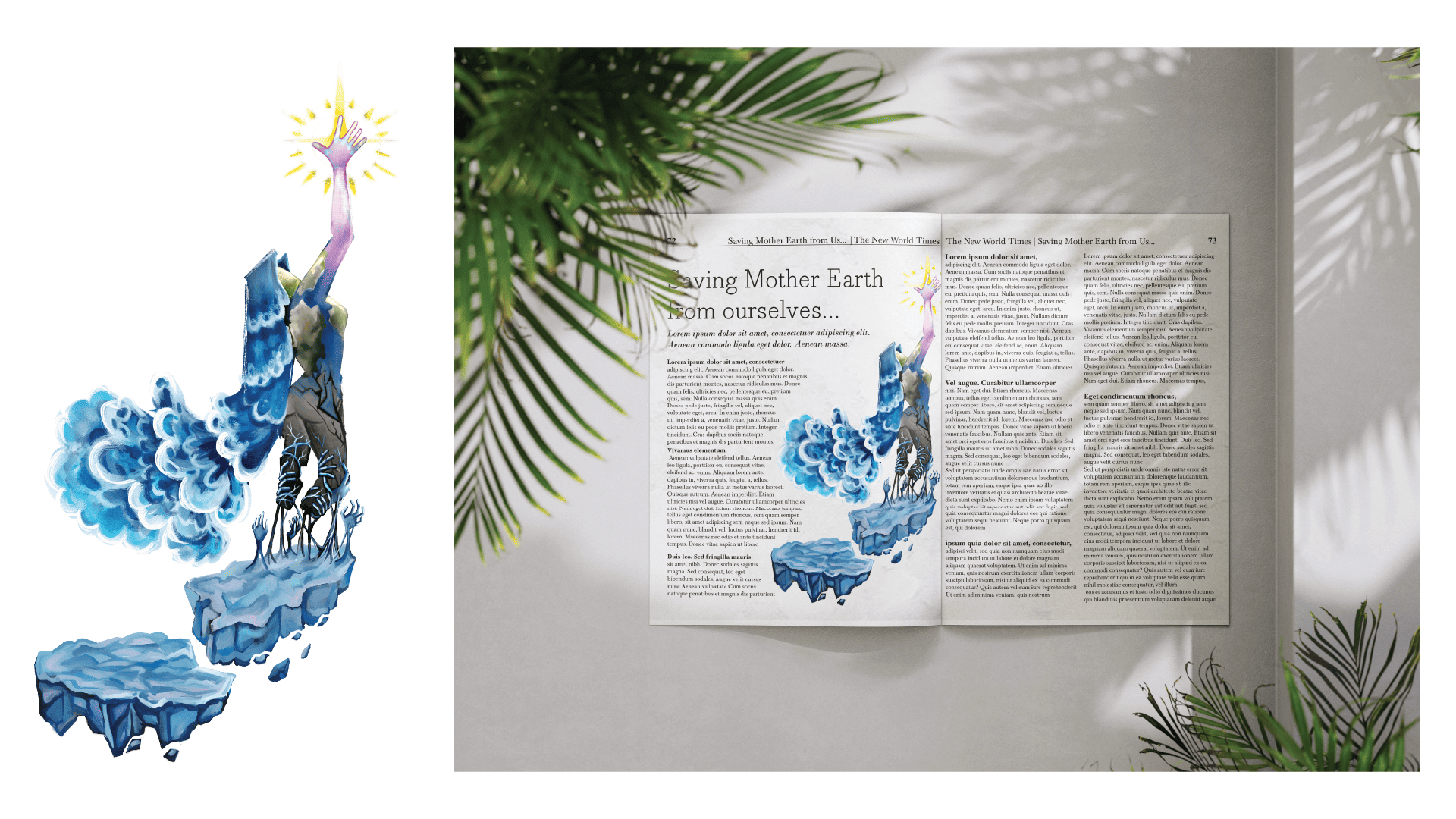  / "Save Mother Earth," editorial piece, 6001 x 3883 pixels, 2025. This an editorial piece about major issues in our world, using illustration to convey messages.