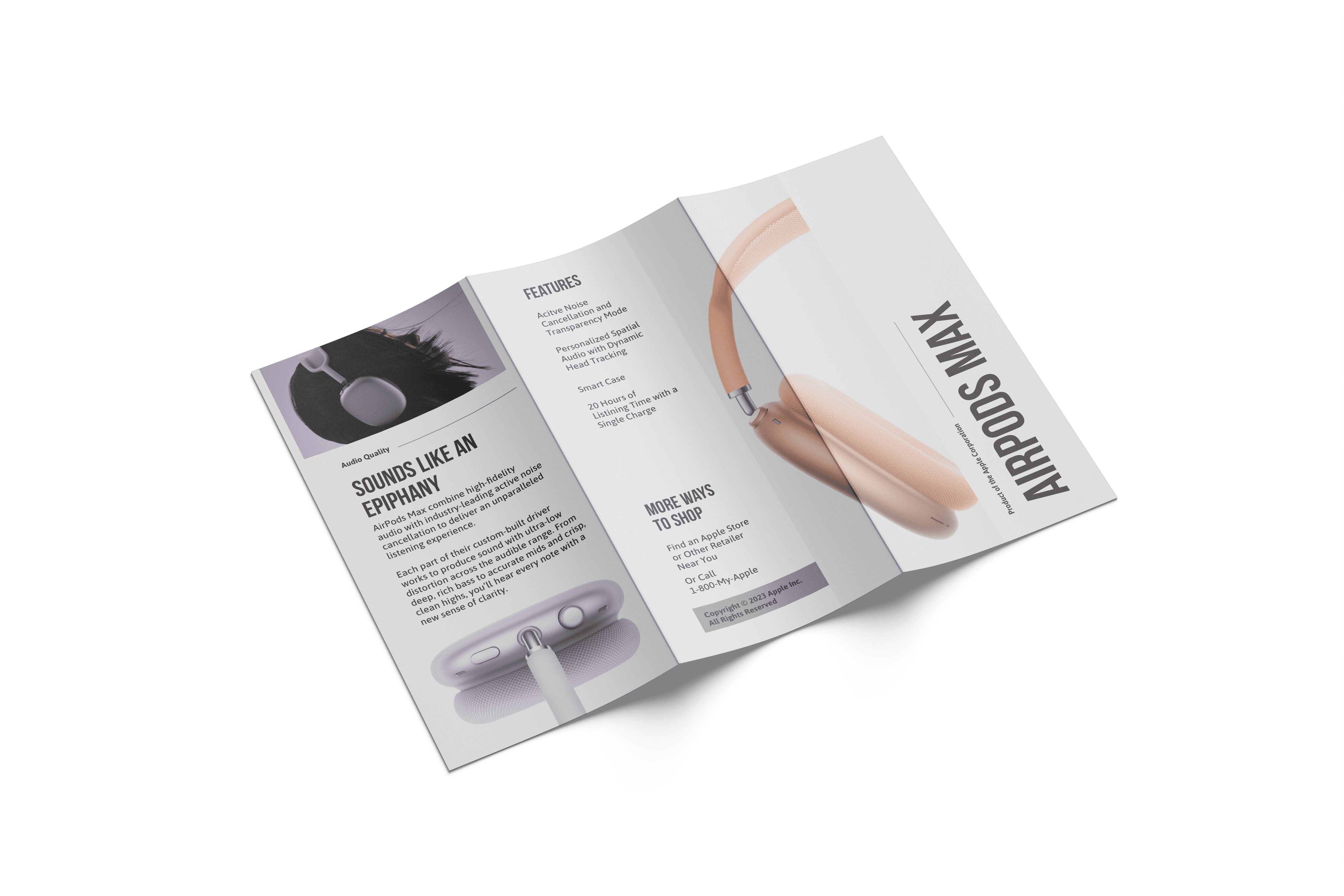  / This tri-fold brochure advertises the product Apple AirPods Max and displays the company’s clean, modern aesthetic. 