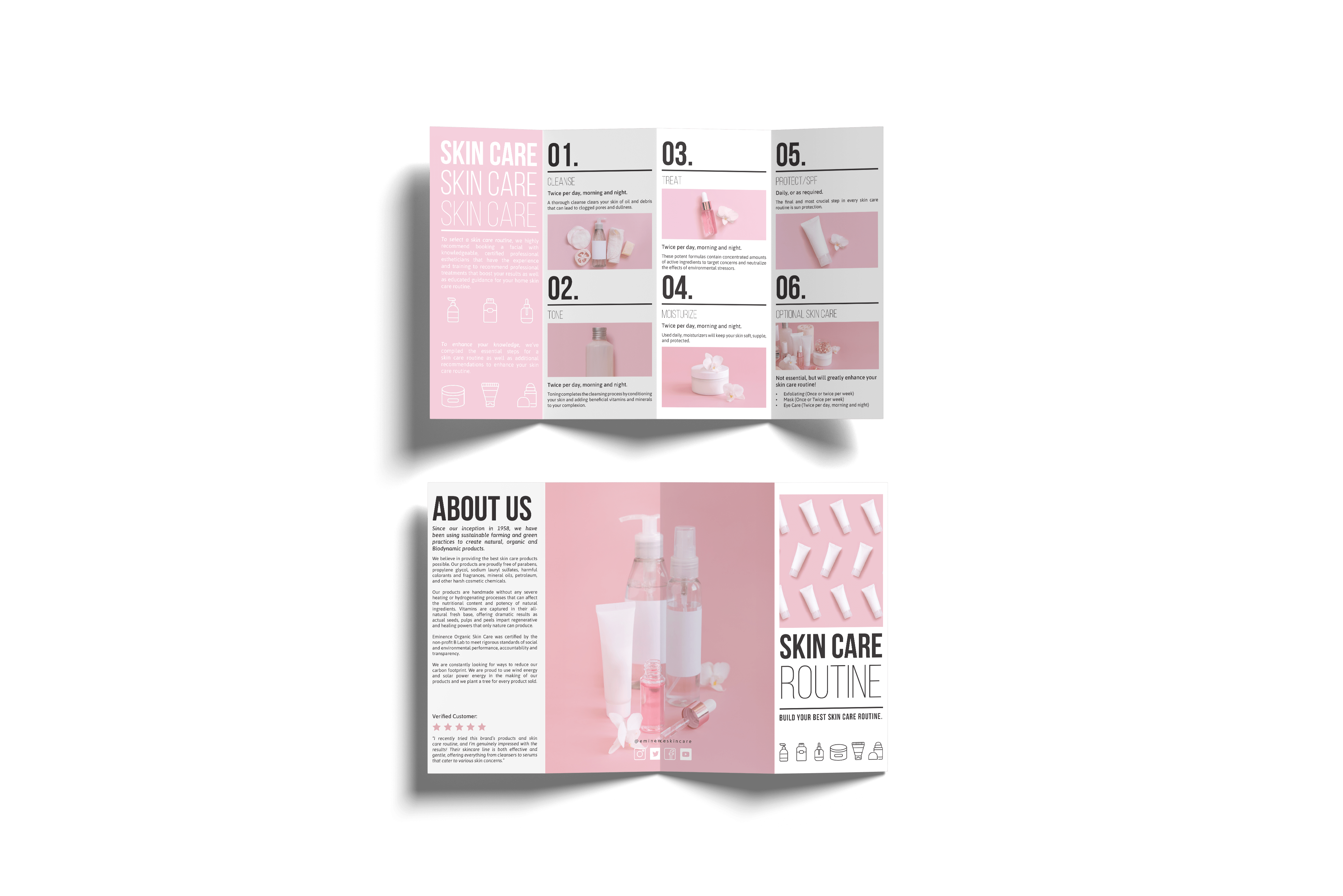  / This quad-fold brochure demonstrates an easy to follow skin care routine meant to sell products for a fake skin care company. 