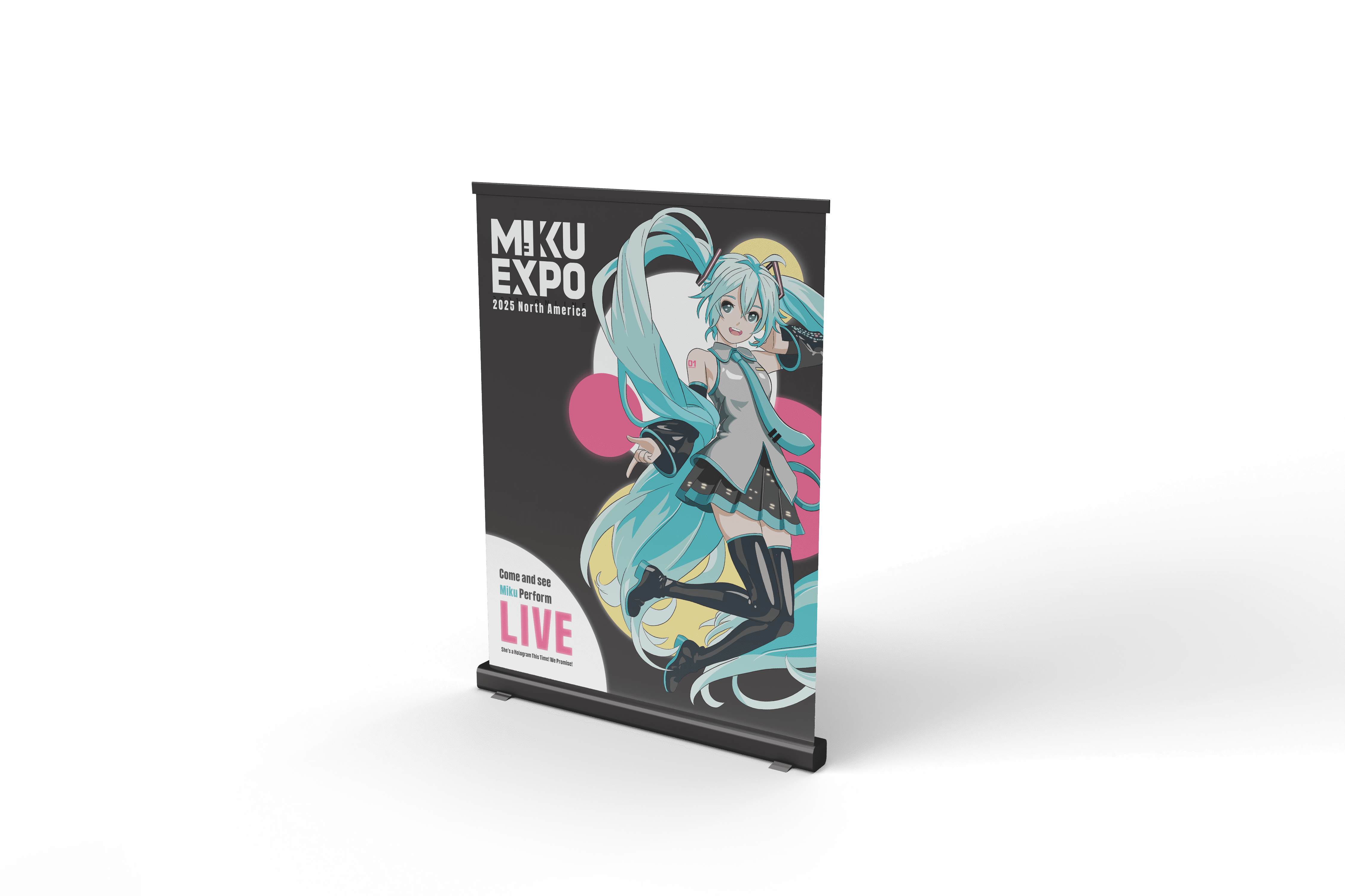  / This poster advertises Miku Expo, a concert featuring the Vocaliod voice band and its anime girl mascot known as Miku. 