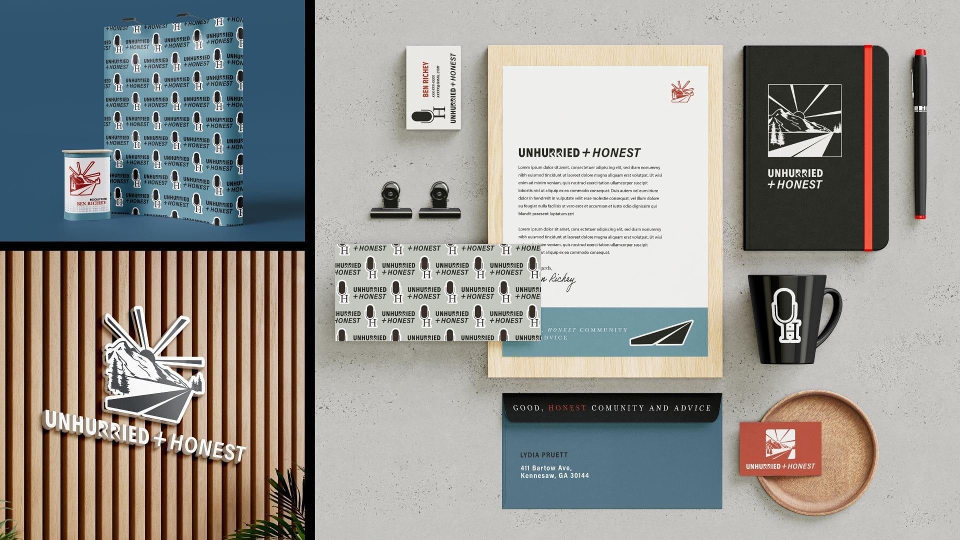  / Examples of Unhurried and Honest Podcast brand in use.