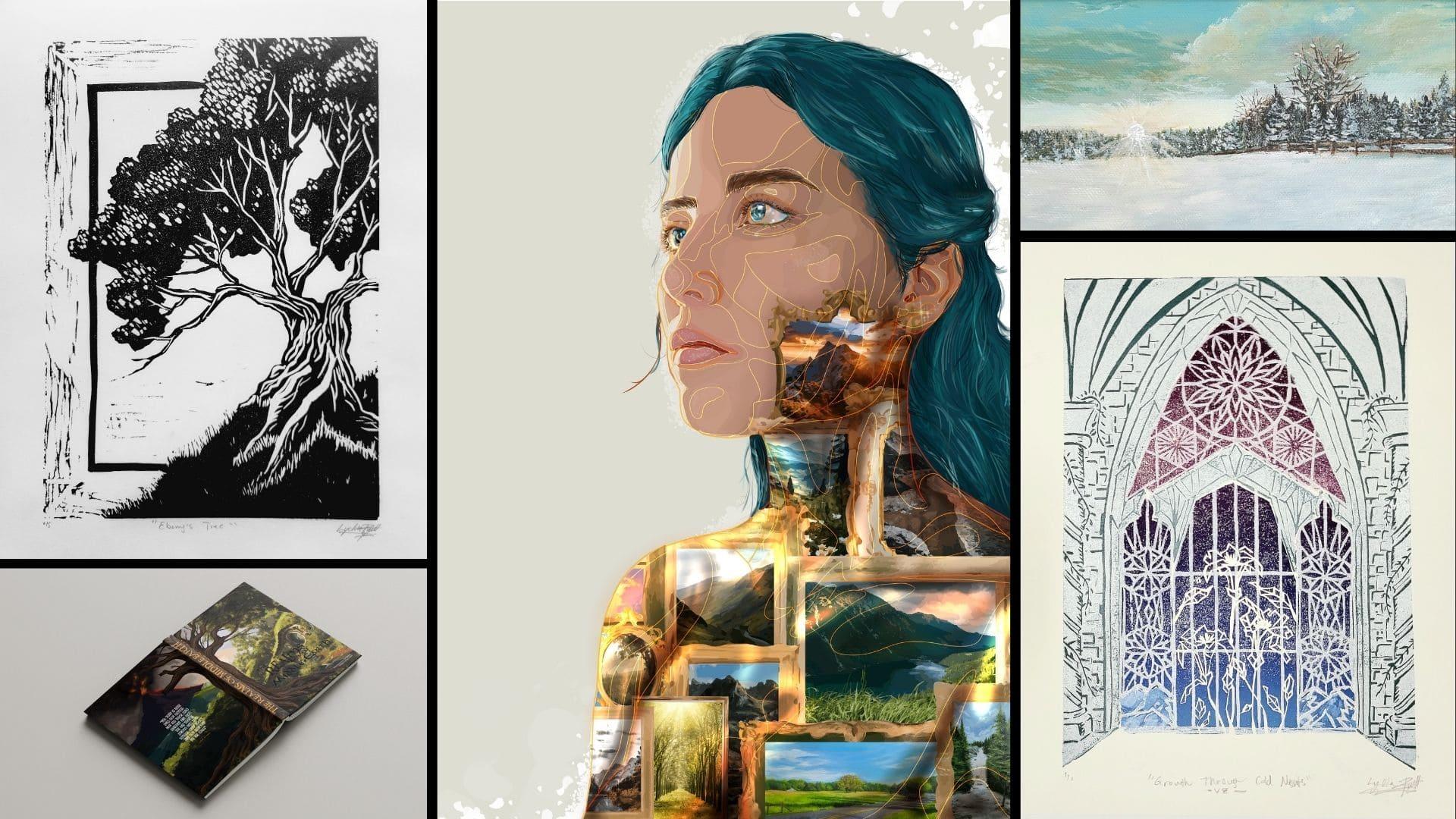  / A few illustrations in both traditional and digital mediums. Left to right it is: Ebony's Tree (linoleum print), LOTR book cover (digital), My Artist (both traditional and digital), Winter Wonderland (oil painting), and Growth Through Cold Nights (multi-block print).