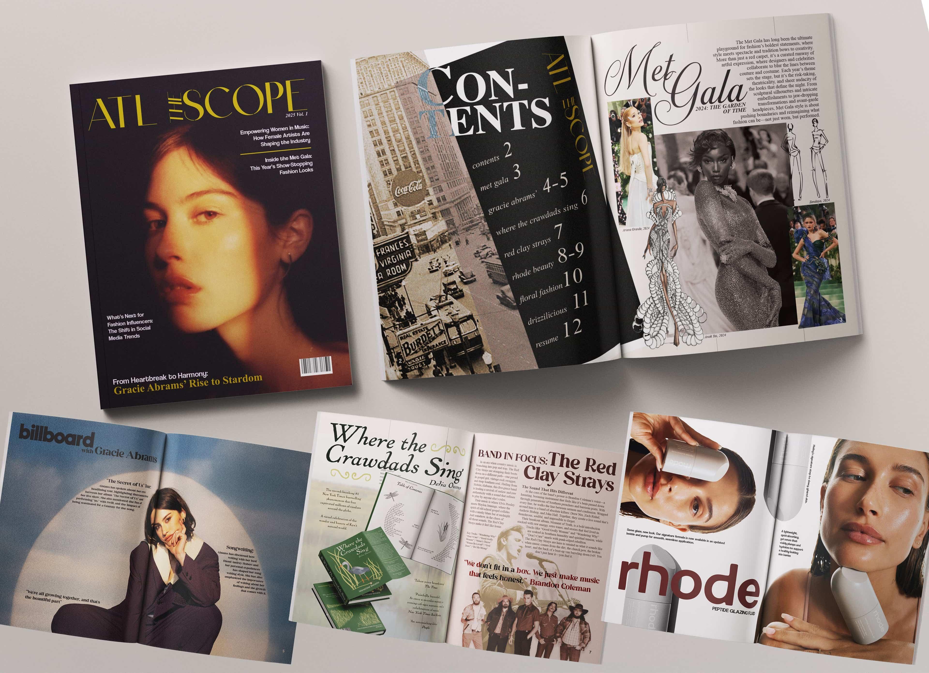  / Magazine Layout- ATL The Scope, Publication Design, 2025. I designed a magazine spread that blends editorial content, ads, and a résumé, emphasizing strong typography and cohesive visual flow. The project showcases my creative style and ability to design professional, engaging layouts.