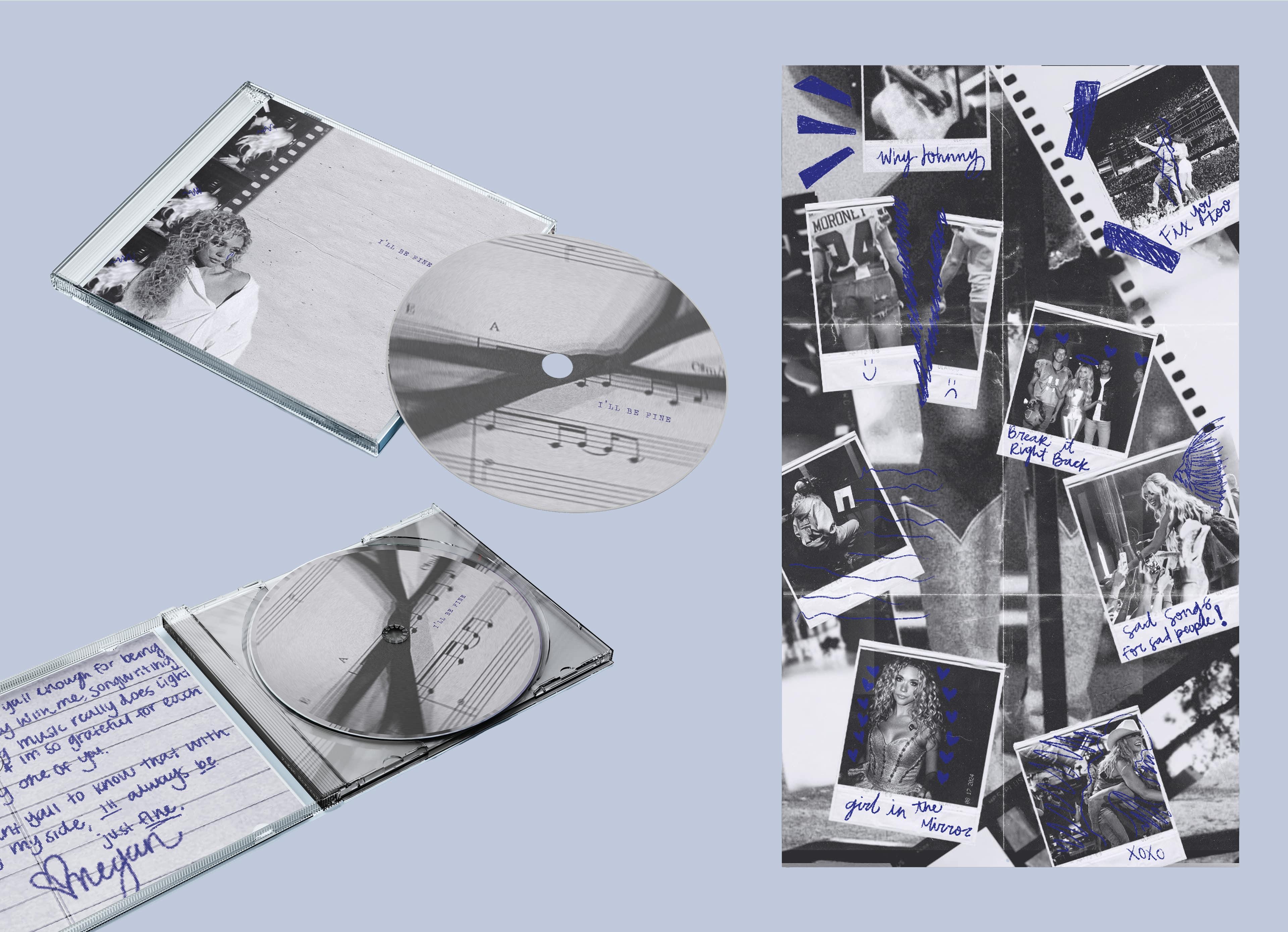  / Megan Moroney CD Redesign, Publication Design, 2025. I designed a conceptual CD package for country artist Megan Moroney, using a scrapbook inspired aesthetic with layered textures and handwritten elements to reflect the emotional depth and vulnerability of her music. 