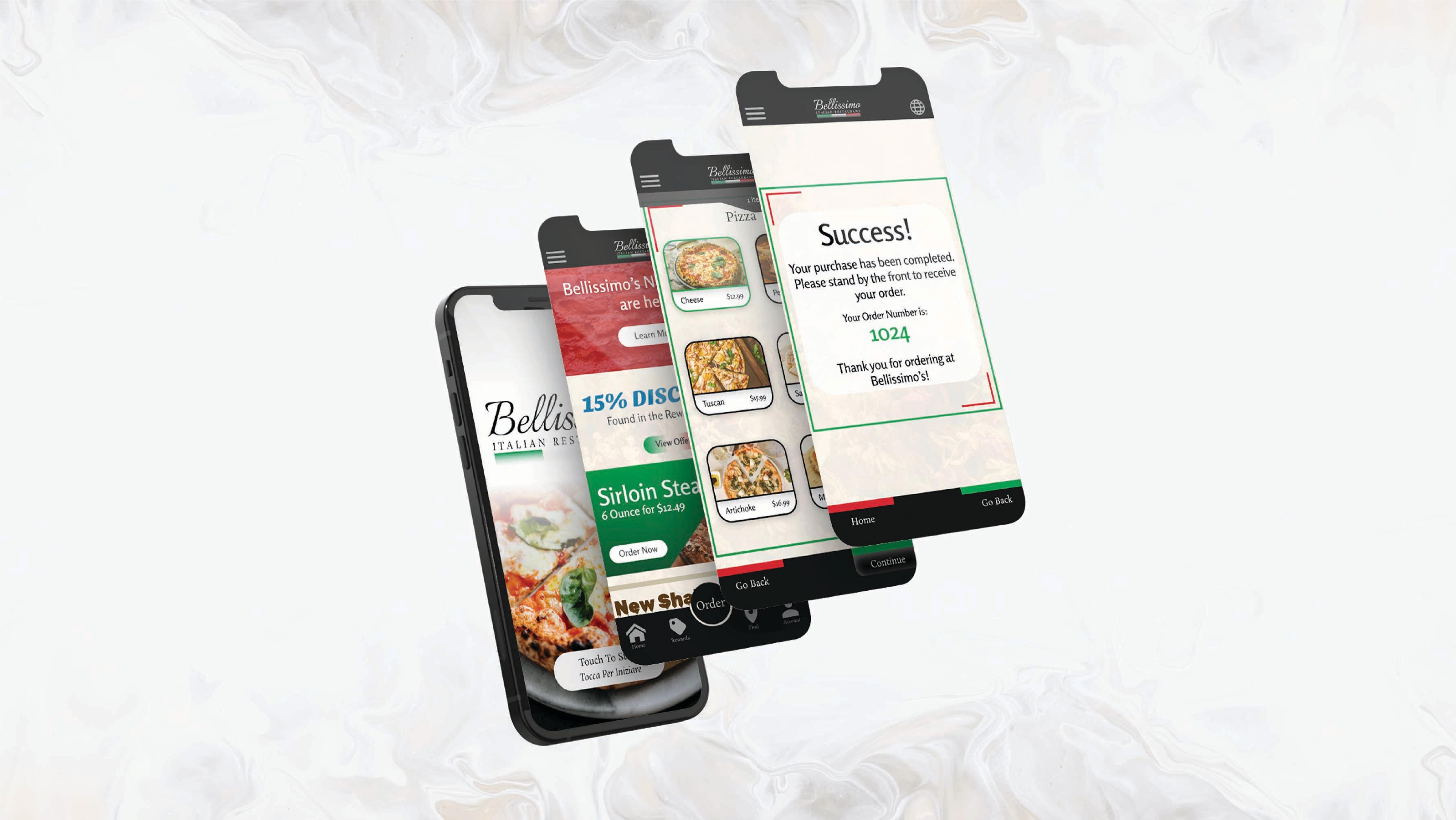  / Bellissimo Italian Restaurant, phone app, 5.78 x 2.82 inches, 2023. This showcases an explorable app and menu displaying an ordering process through Bellissimo Italian Restaurant. 