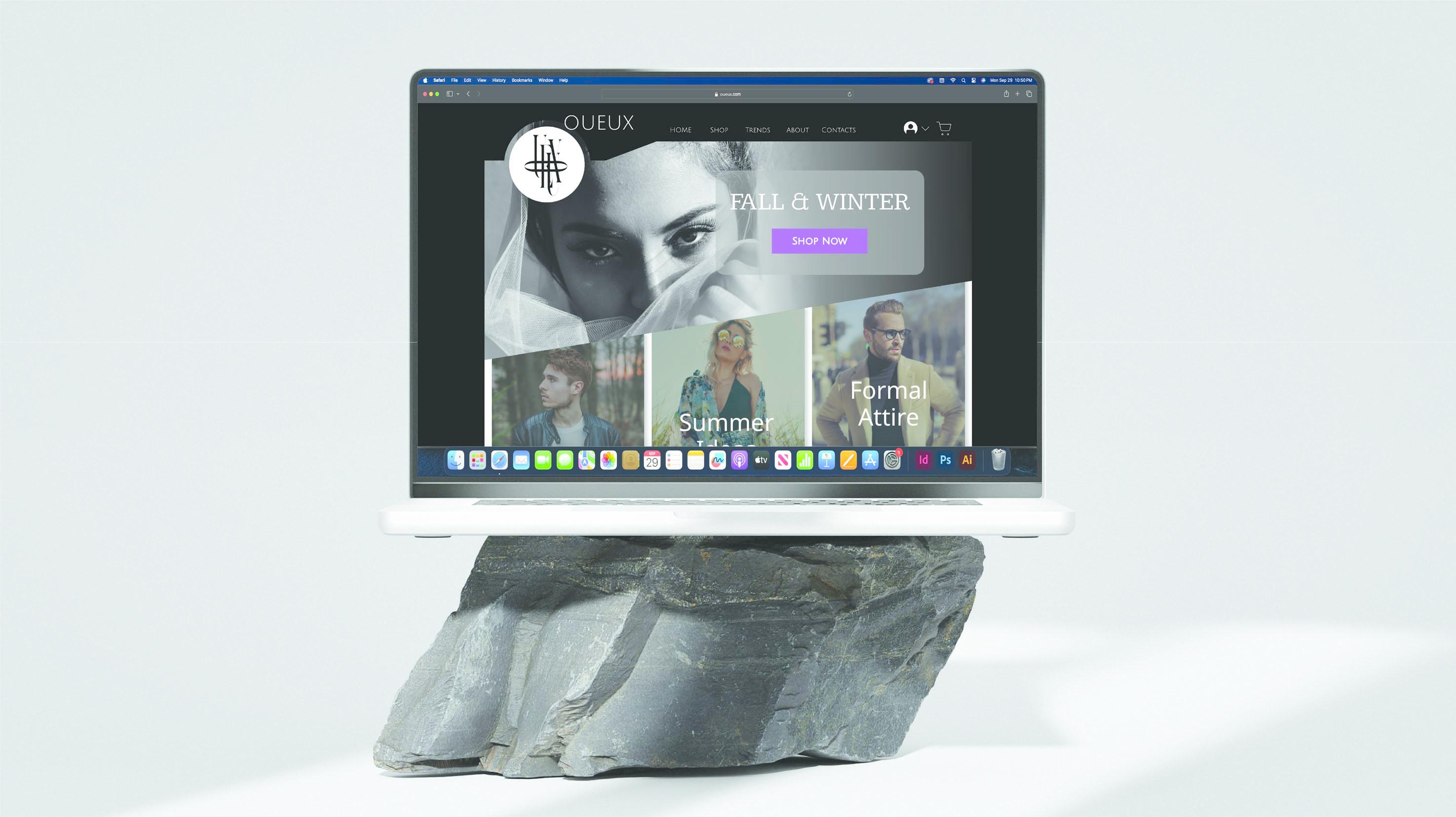  / Oueux Fashion Company, website, 2020 x 3666 pixels digital, 2023. This was a website layout showcasing an intricate design for a fashion company. 