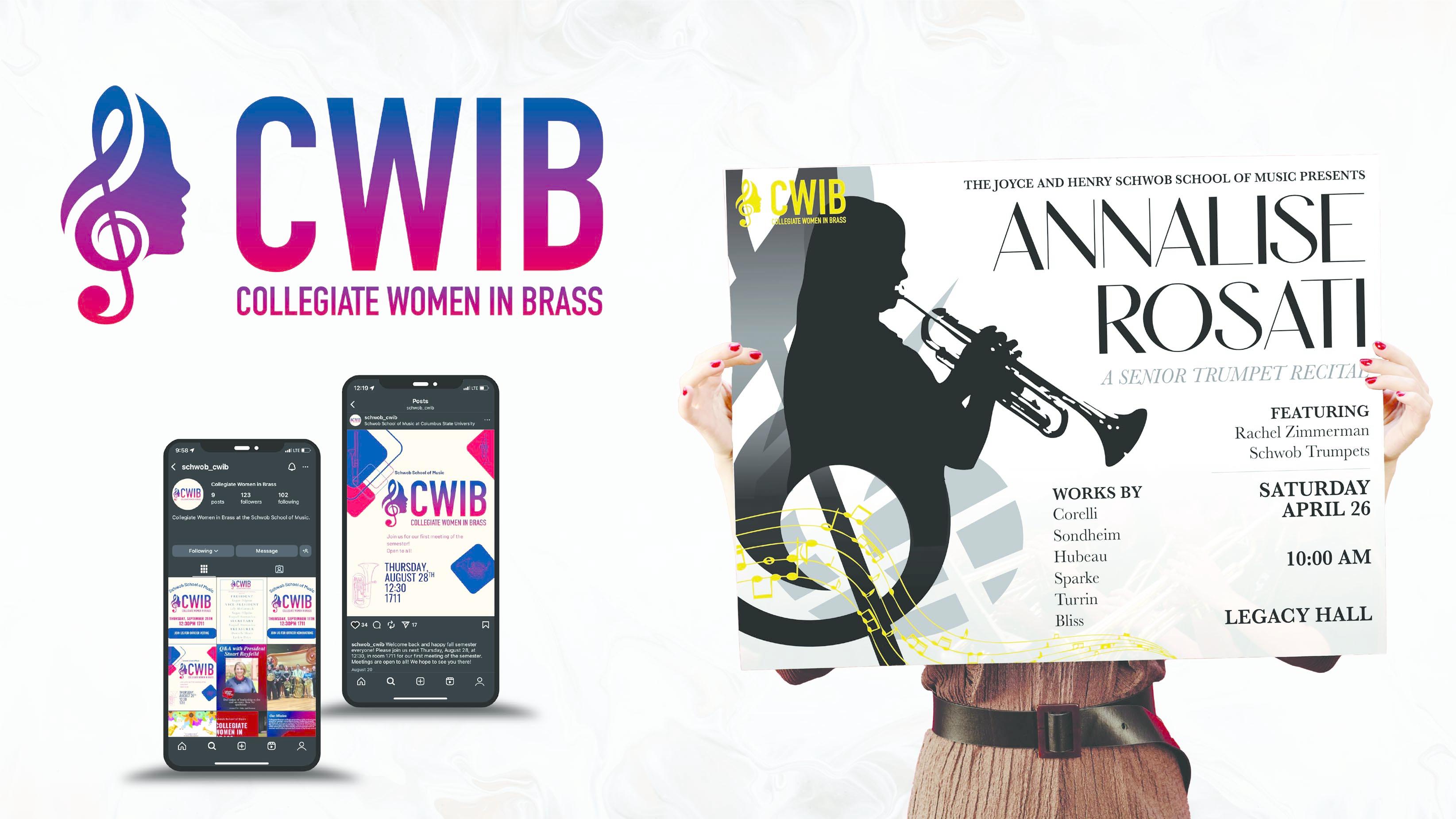  / CWIB, logo, social media and poster, 2024. This was a commission for the Collegiate Women In Brass, a brass club at Columbus State University set to promote and spread voices in the musical world. 