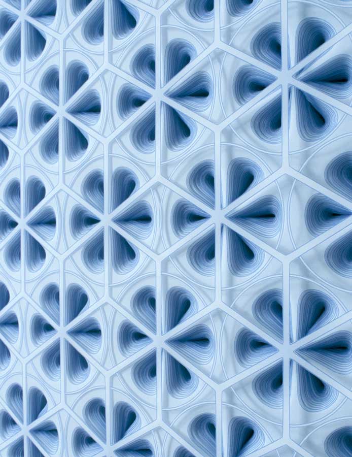 Detail of Imi Hwangbo's "Lepidoptera" consisting of layers of blue geometric cut mylar paper 