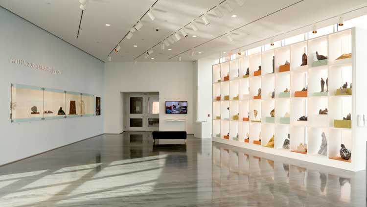 Installation view of the Ruth V. Zuckerman Pavilion showing visible storage unit for sculptures