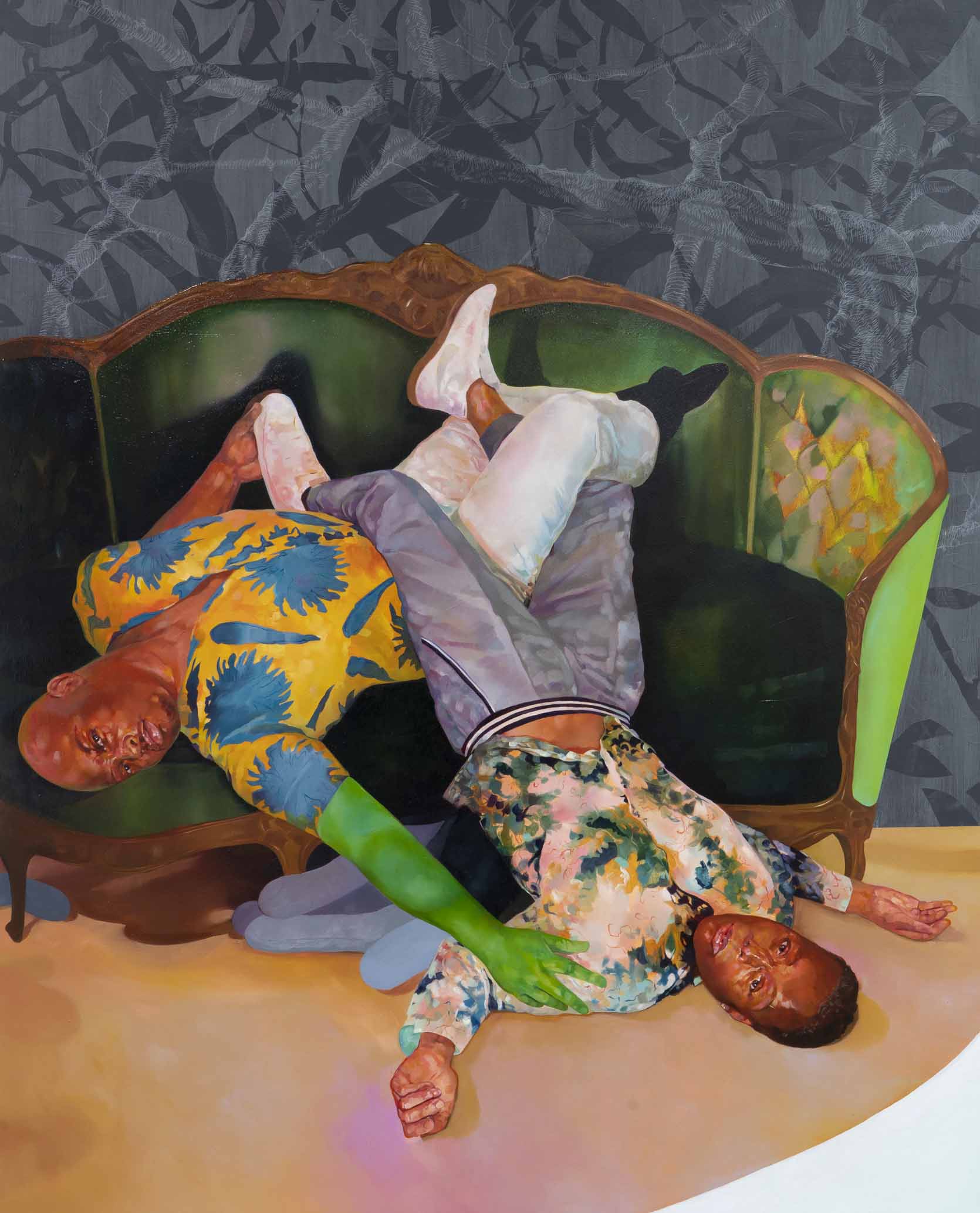 colorful image of man midway between falling out of seat and floor