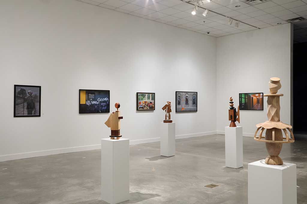 Installation view of the "Spring 2021 SOAAD Faculty Exhibition" in the Mortin Gallery at the Zuckerman Museum of Art. Photo by Mike Jensen