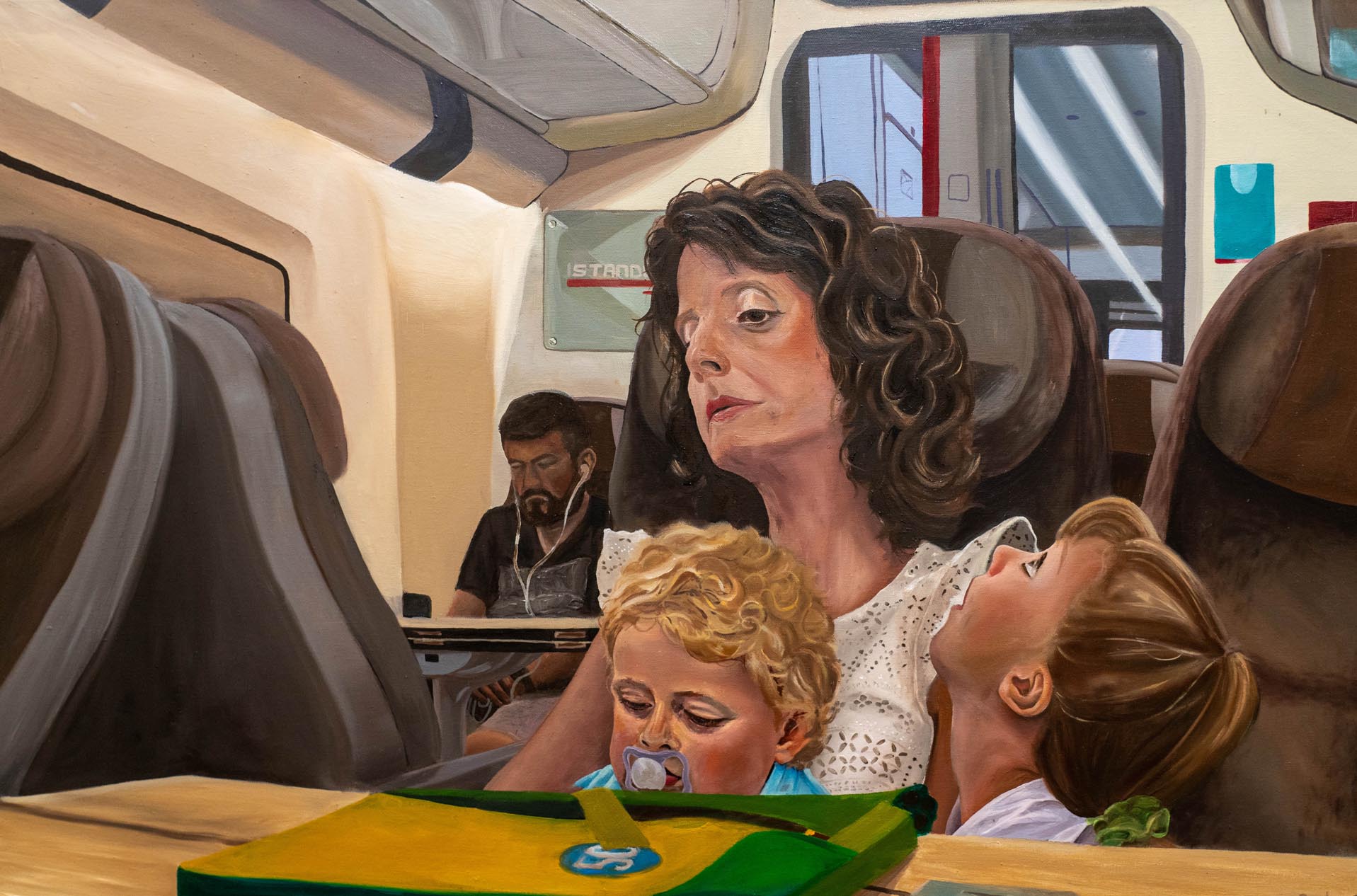 woman with kids on train painting