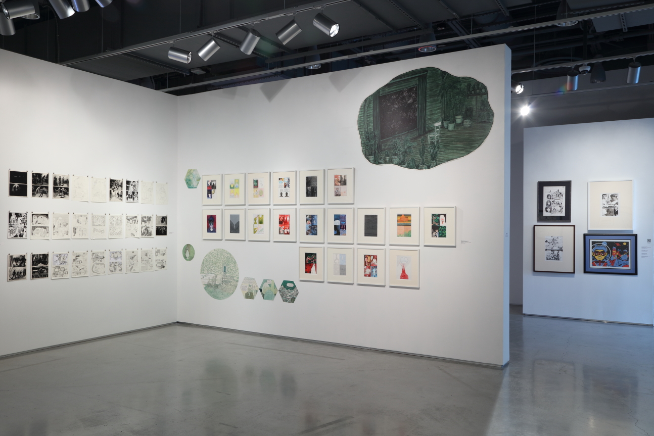Installation view of "The 9th Art: Frames and Thought Bubbles" in the Don Russell Clayton Gallery at the Zuckerman Museum of Art. Photo by Mike J