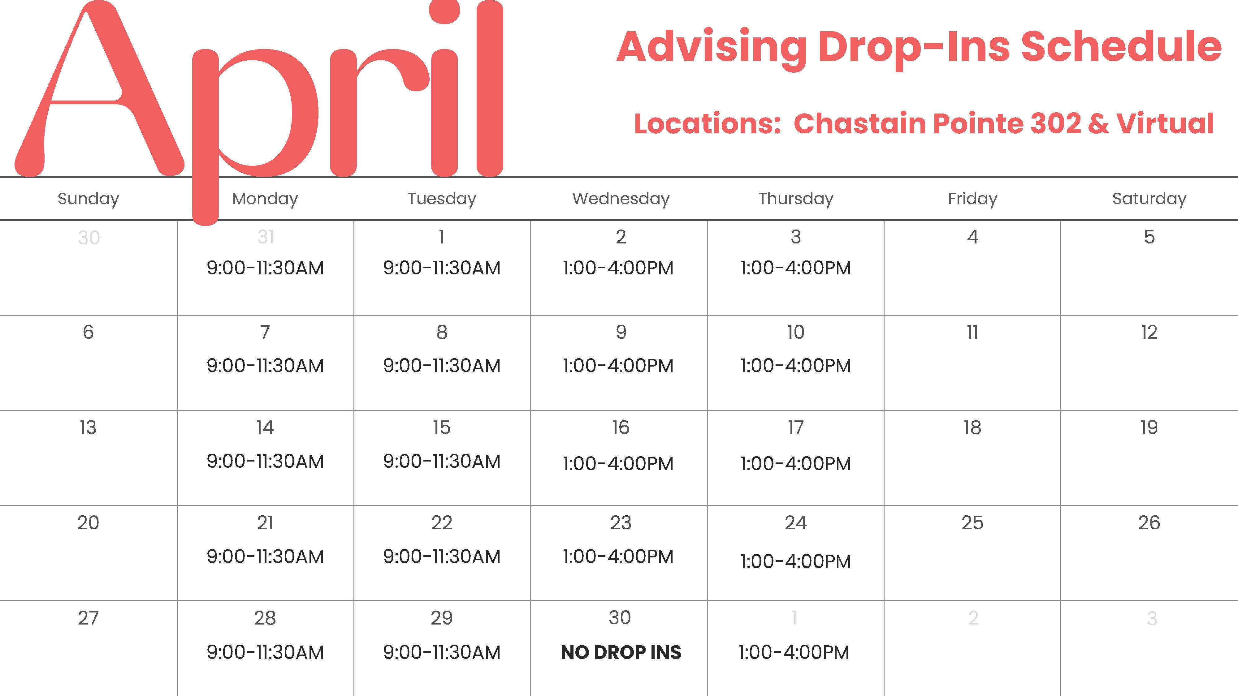 April 2025 Drop In Schedule