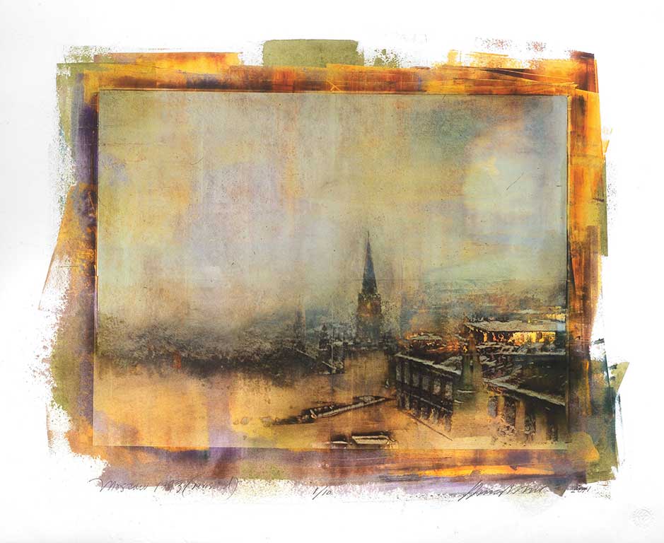 Vivid layered print by Dennis O’Neil titled "Moscow Revisited," created in 2011 with cold wax medium and oil paint, unique print, 26.5 x 32 Inches. The print shows an abstracted city scene with layers of colors printed on top of one another on the print edges in an abstracted, irregular format. 