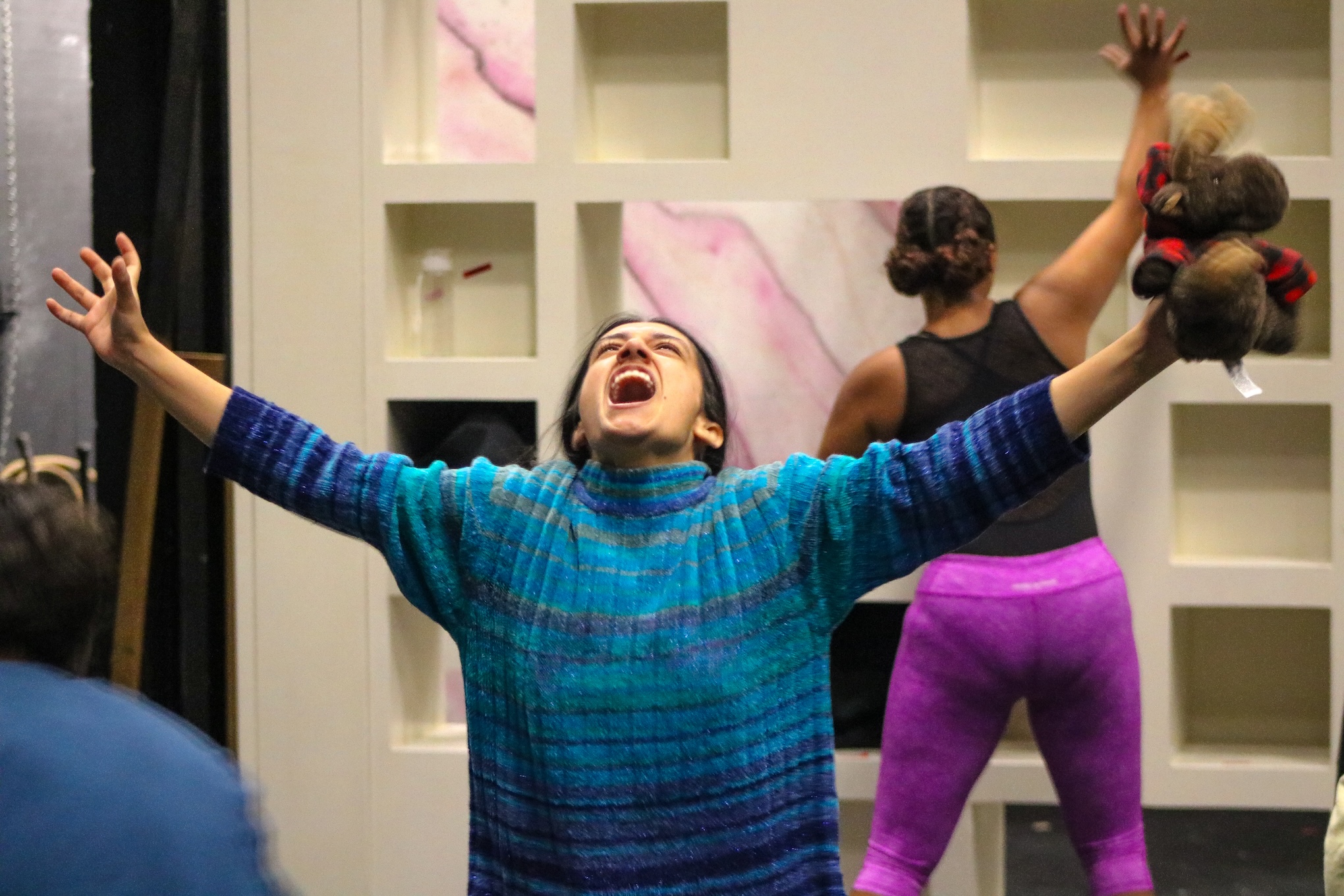 actors rehearse on stage for a production of Dance Nation