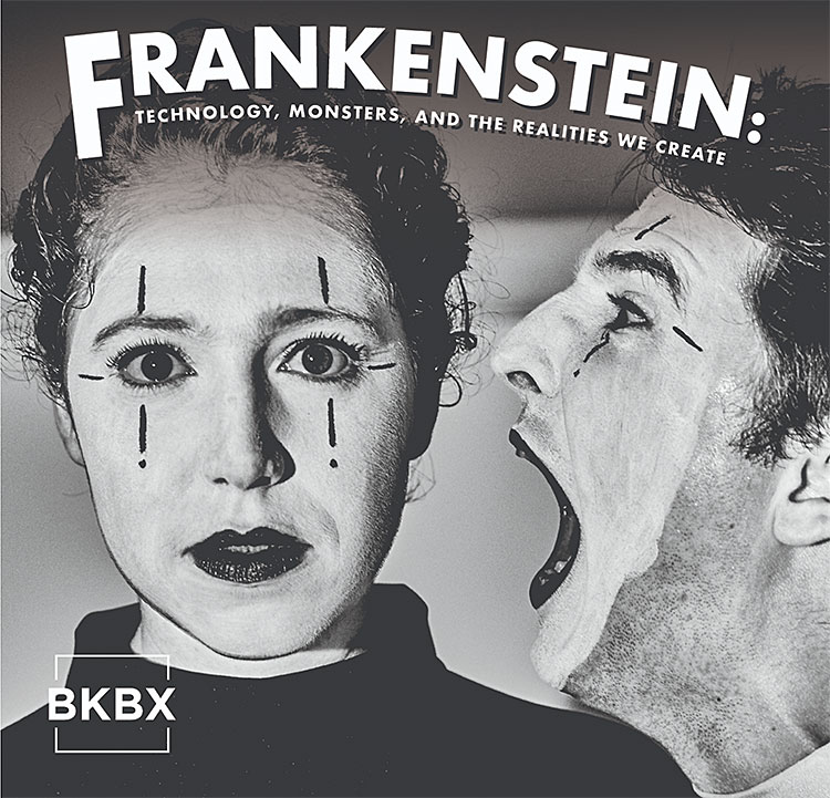 old fashioned movie poster with two mimes wtih frankenstein spelled out above