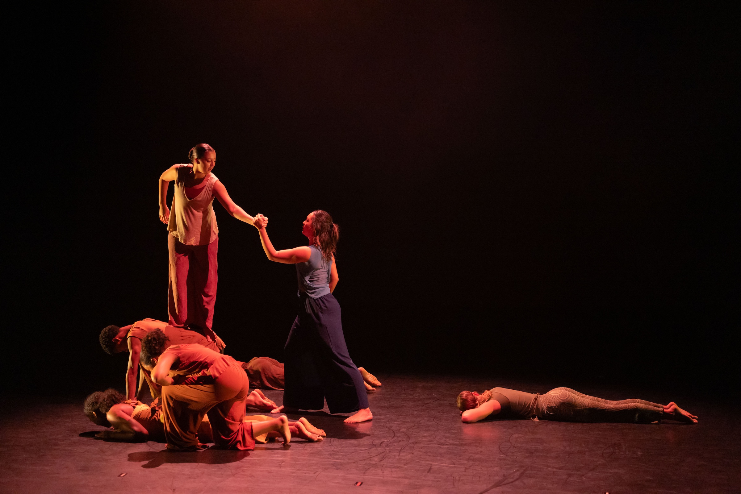 dancers pose in a dress rehearsl for the labyrinth performance