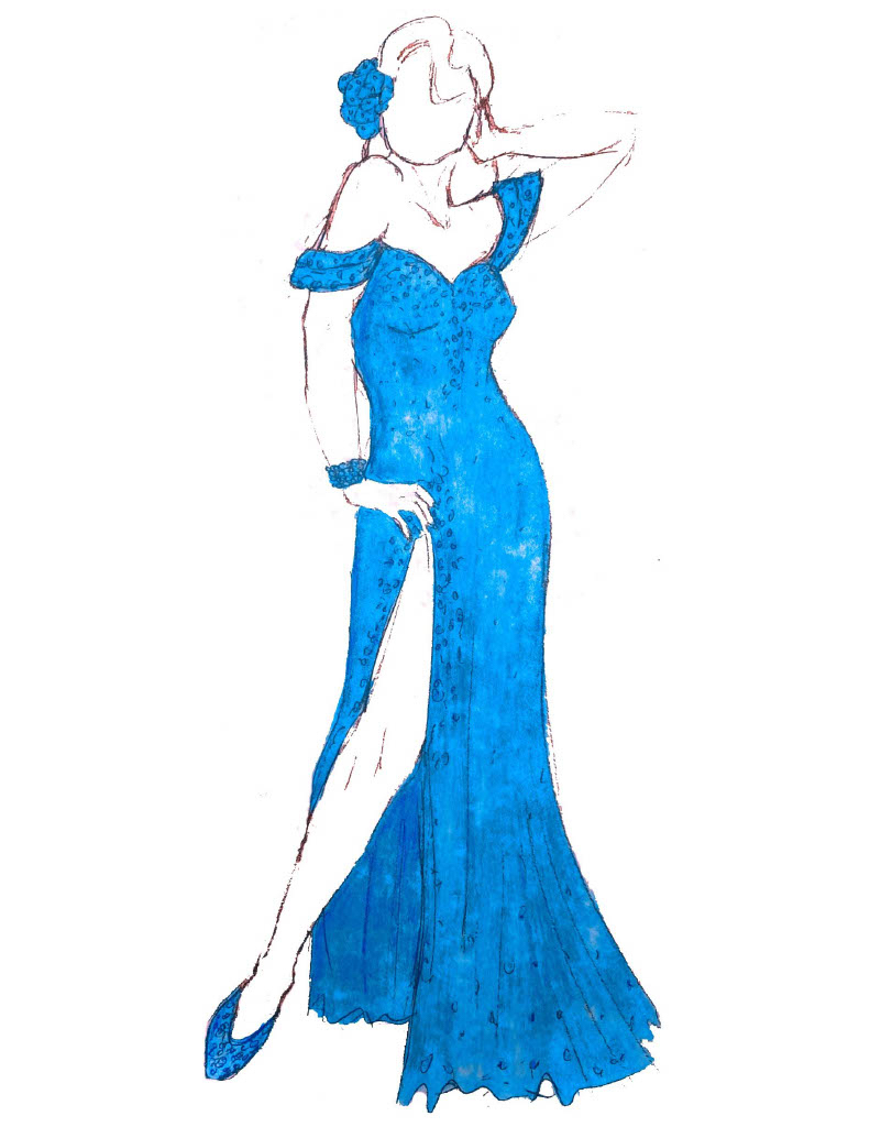 costume rendering of evening gown in blue