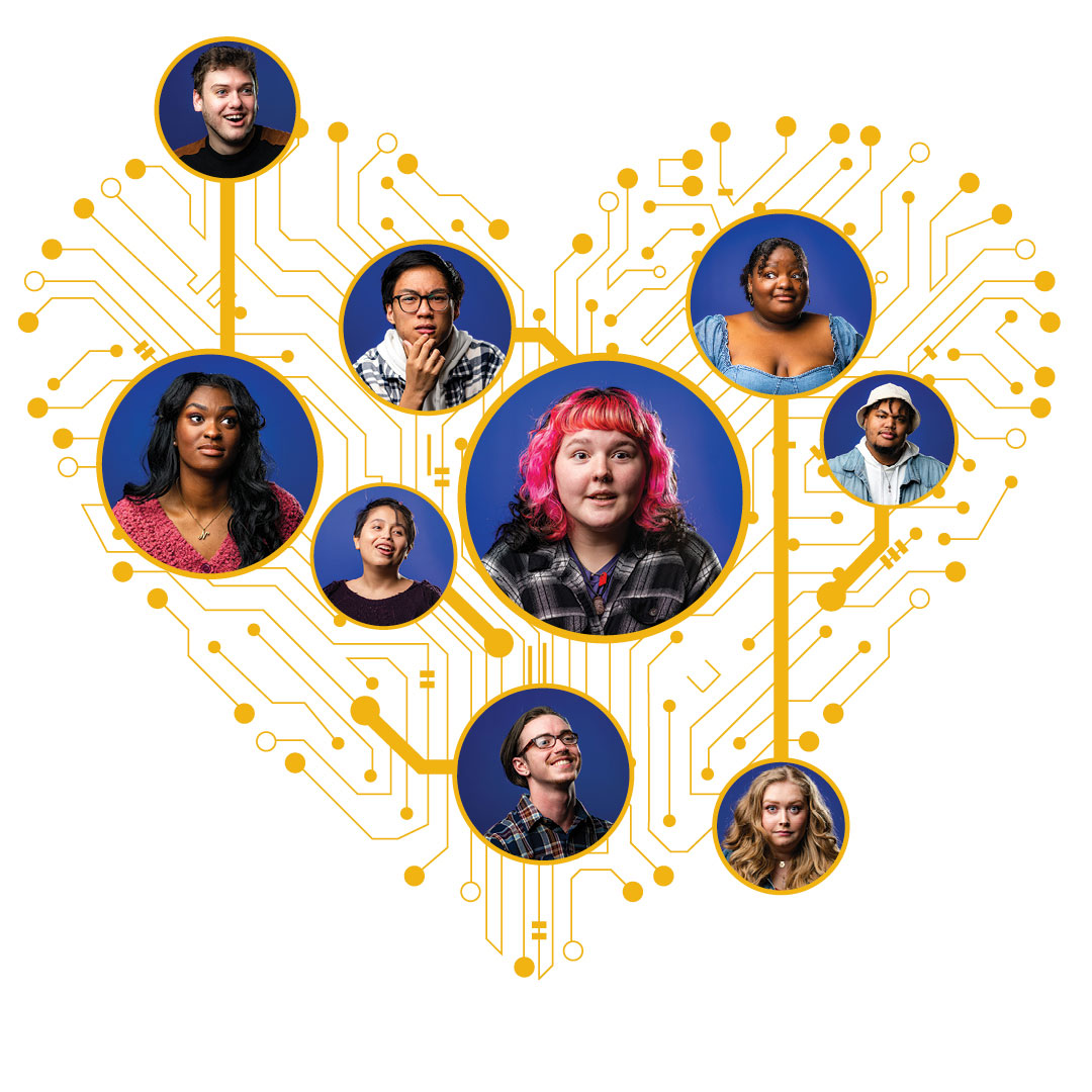image of people in a heart made out of connecting technological lines