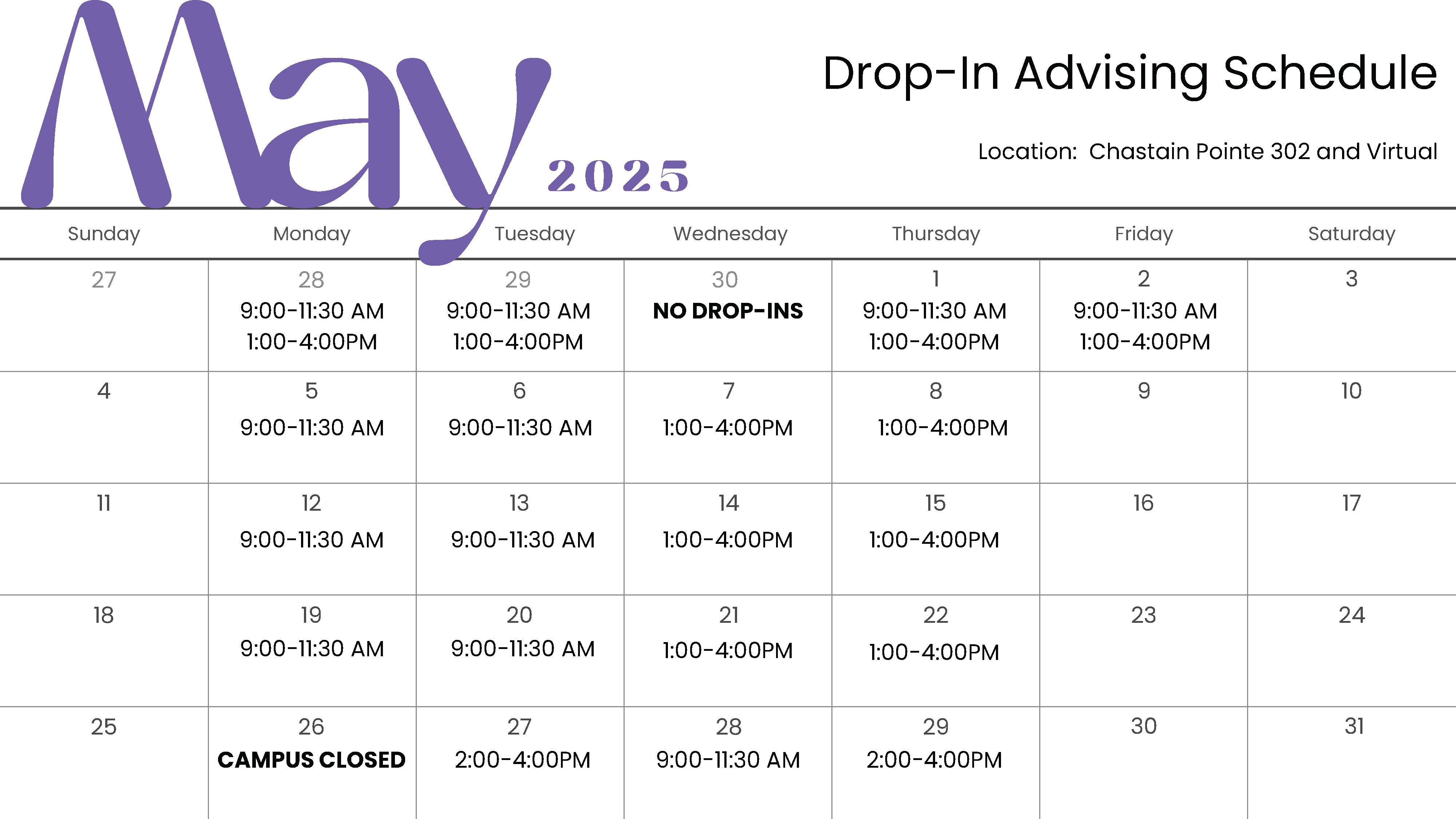 May Advising Schedule