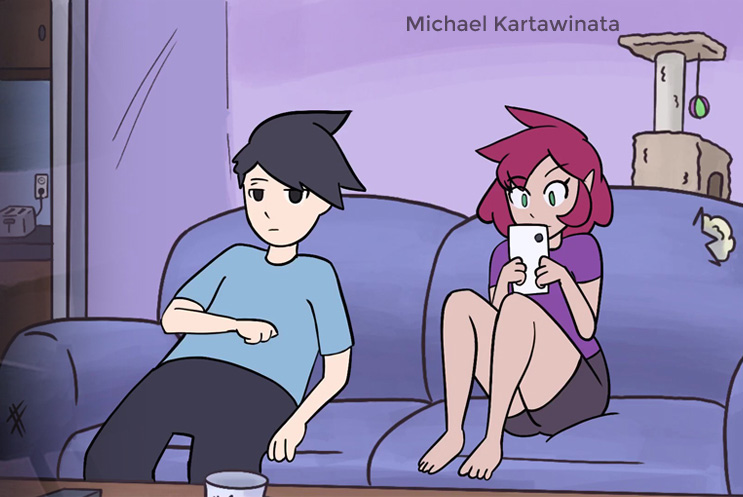 animated couple sitting on couch