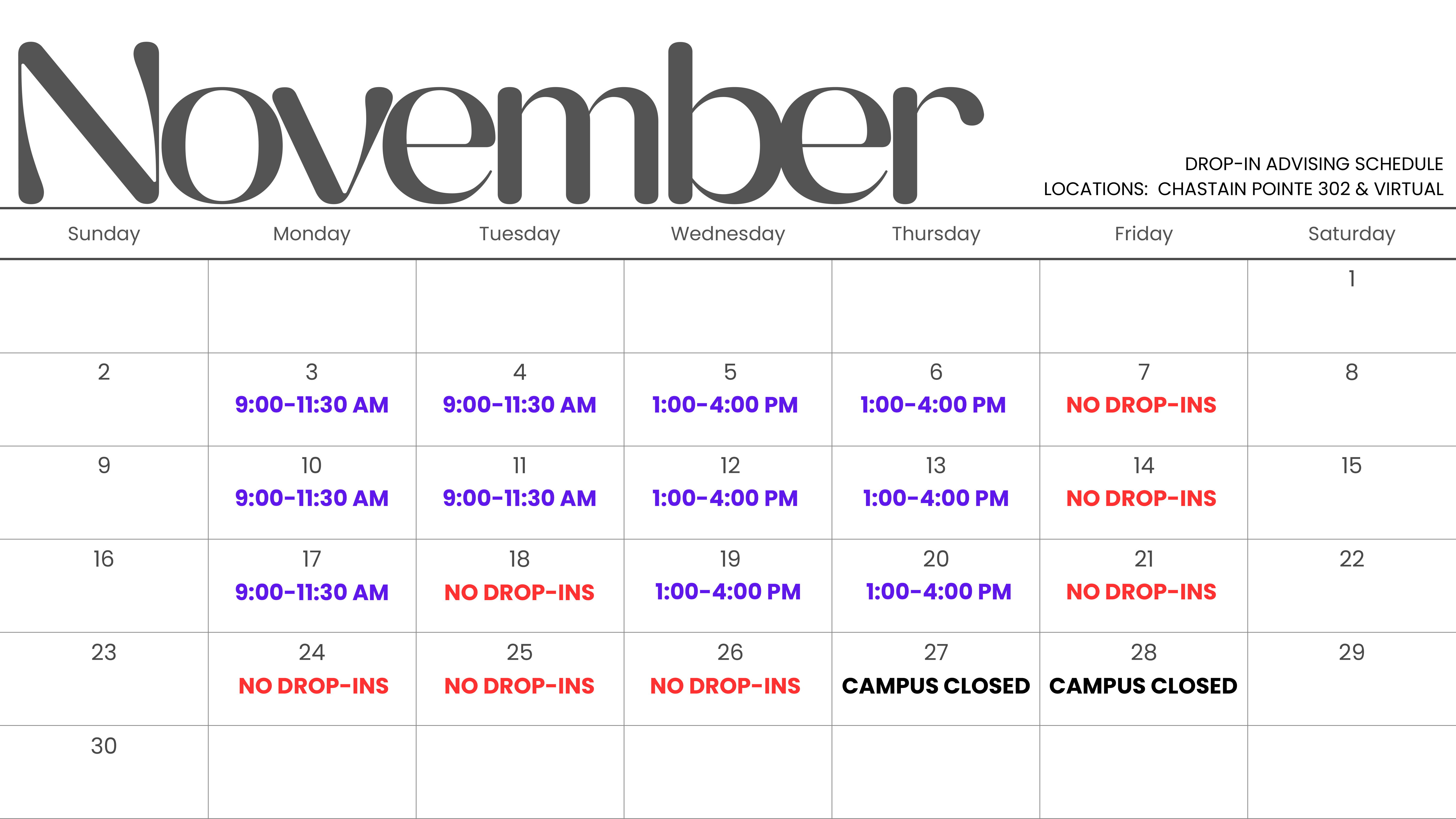 gca advising calendar for november