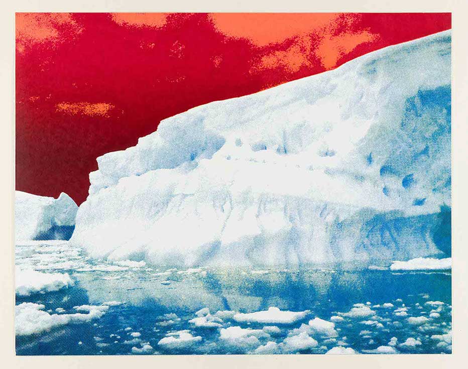 Rachel Simmons work titled, "GHOST SHIP,"  Ink on paper, screenprint, Created for the 2016 Southern Graphics Council International Membership Exchange. The work is an abstracted glacier screen with a vivid red sky. 