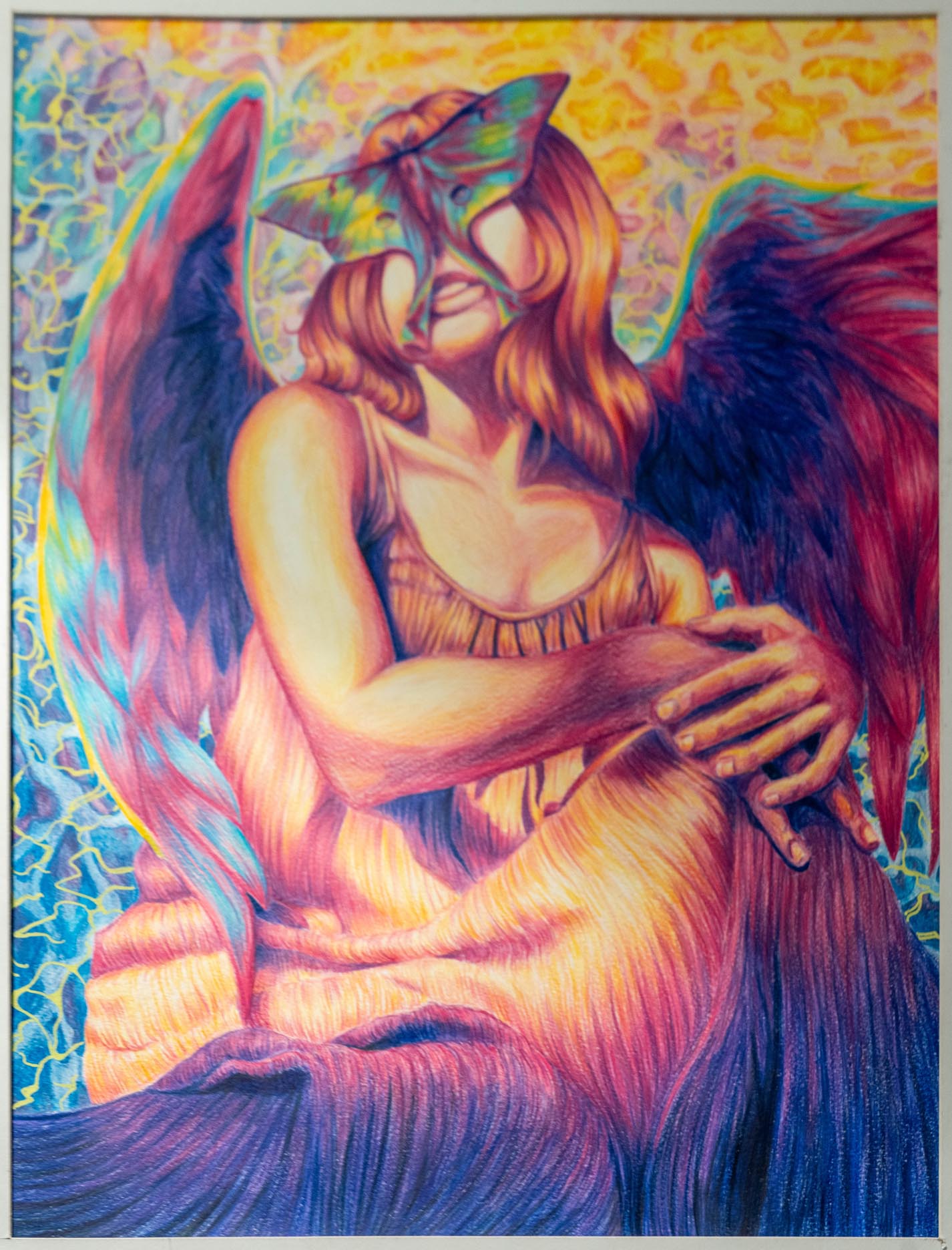 colored pencil drawing of winged woman