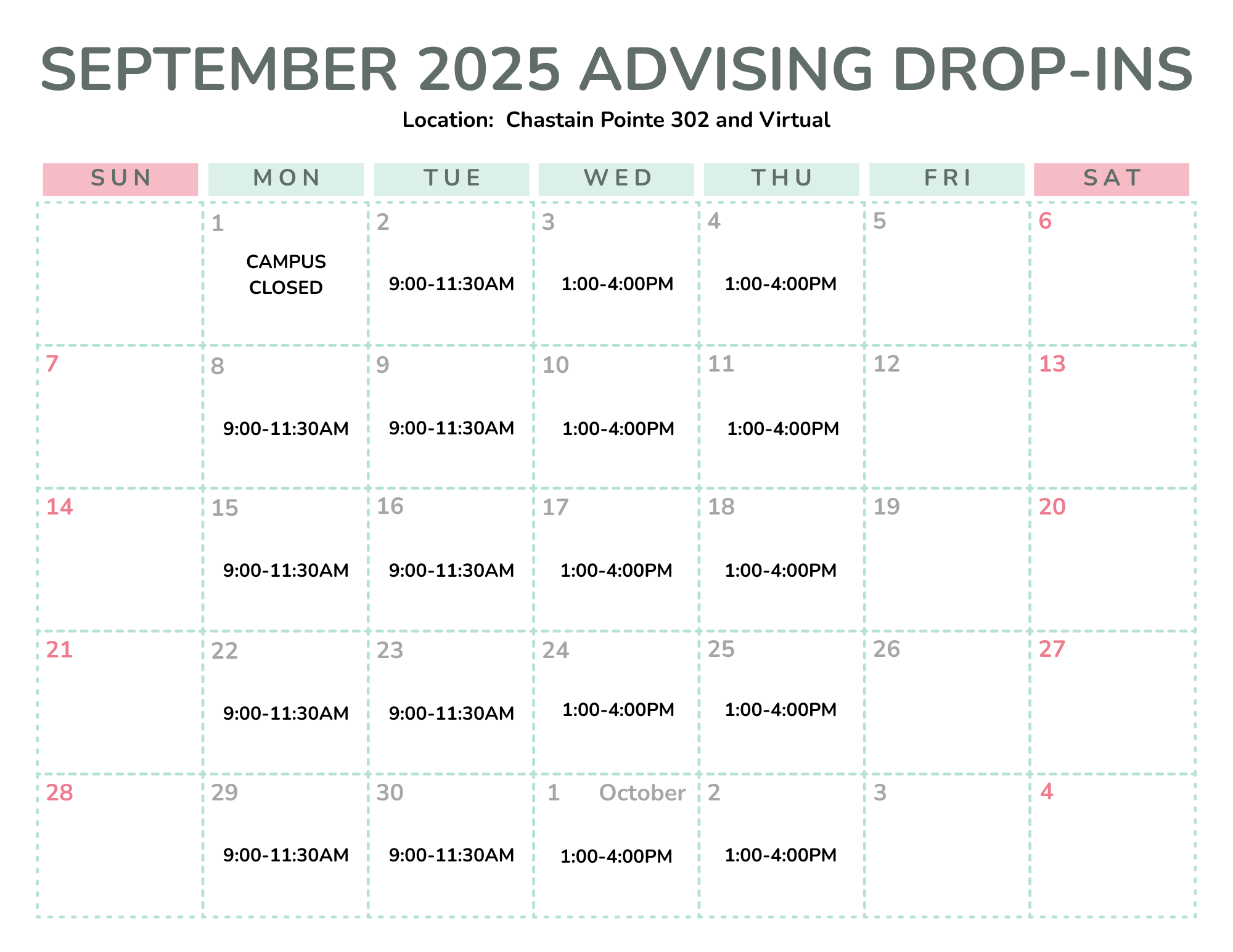 Academic Advising August 2025 Schedule