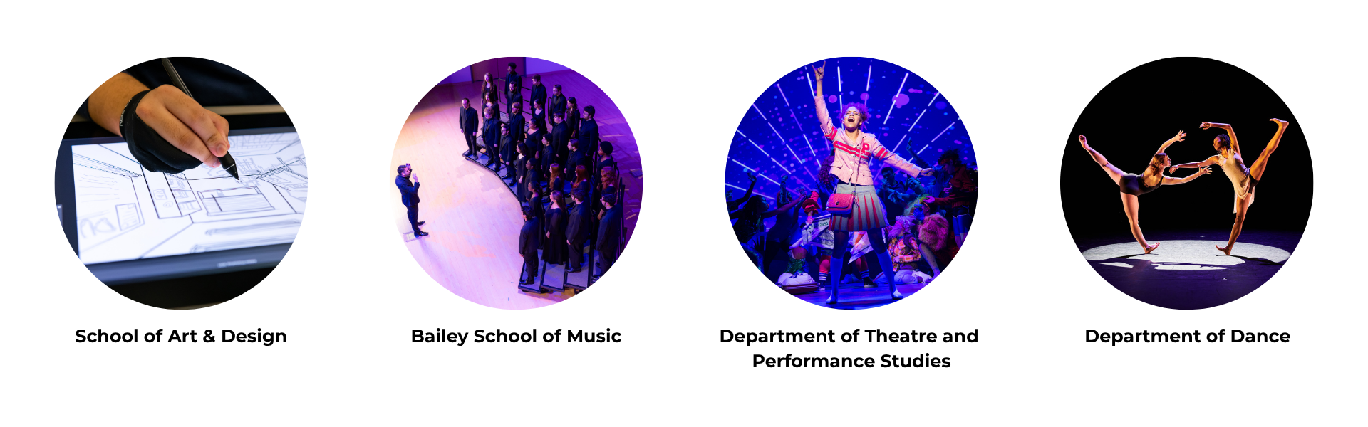 All four untils of the Geer College of the Arts: School of Art and Design, Bailey School of Music, Department of Theatre and Performance Studies, Department of Dance