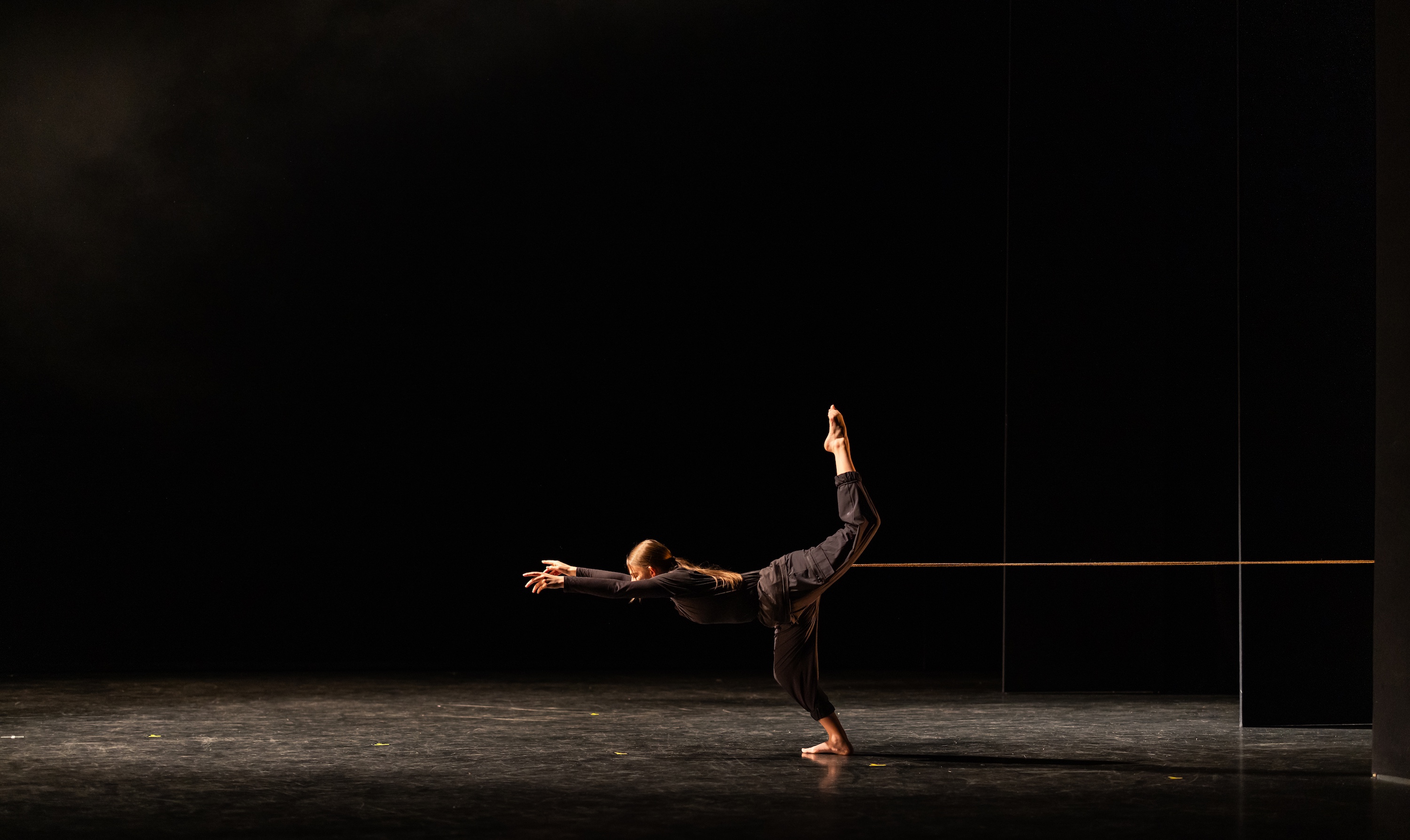A dancer extends on stage with a rope