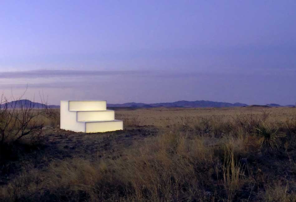 Work by Dawn Dedeaux shows a light up staircase in a sunset field